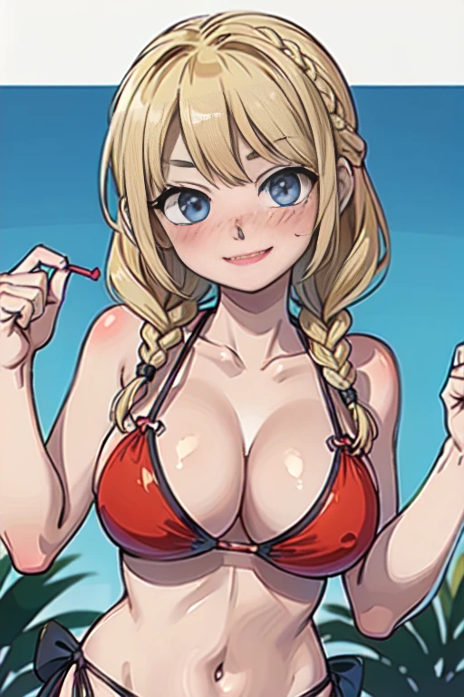 (best quality:1.3), (4K quality), Astrid from How Train Your Dragon, ((Detailed face)), ((curvy body)),((flossing red bikini)), ((blushing)), cleavage, sexy, ((braids in hair)), ((arms crossed)), ((thrilled smile)), blushing, (Beach), ((flossing red bikini)),
