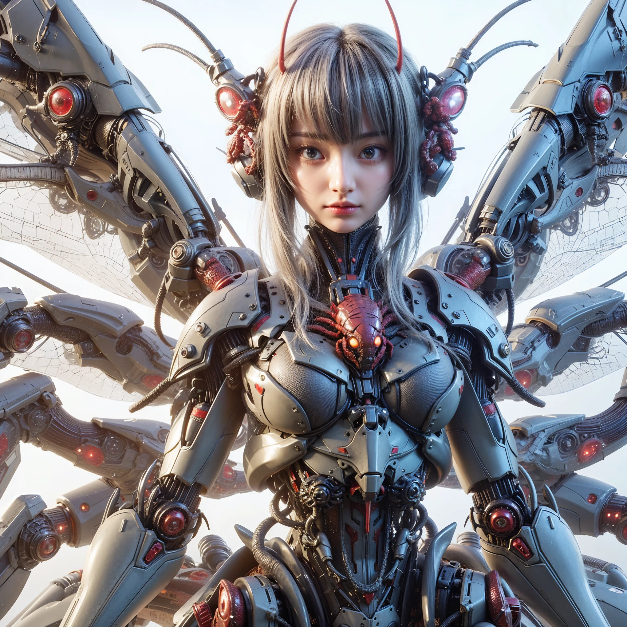 (top-quality:1.2, masterpiece), ultra high res,(Photorealsitic:1.4), (scorpion-like bio animal suit:1.3), heavy weapons,large wings, vivid textures,insect legs, red  hair, glowy skin, fur,japanese girl beautiful face,  ((super realistic intricate details)), full body shot, globalillumination, octan render, ultrasharp, character edge light, Details of complex ornaments, Acrylic Clear Cover, Hydraulic cylinder