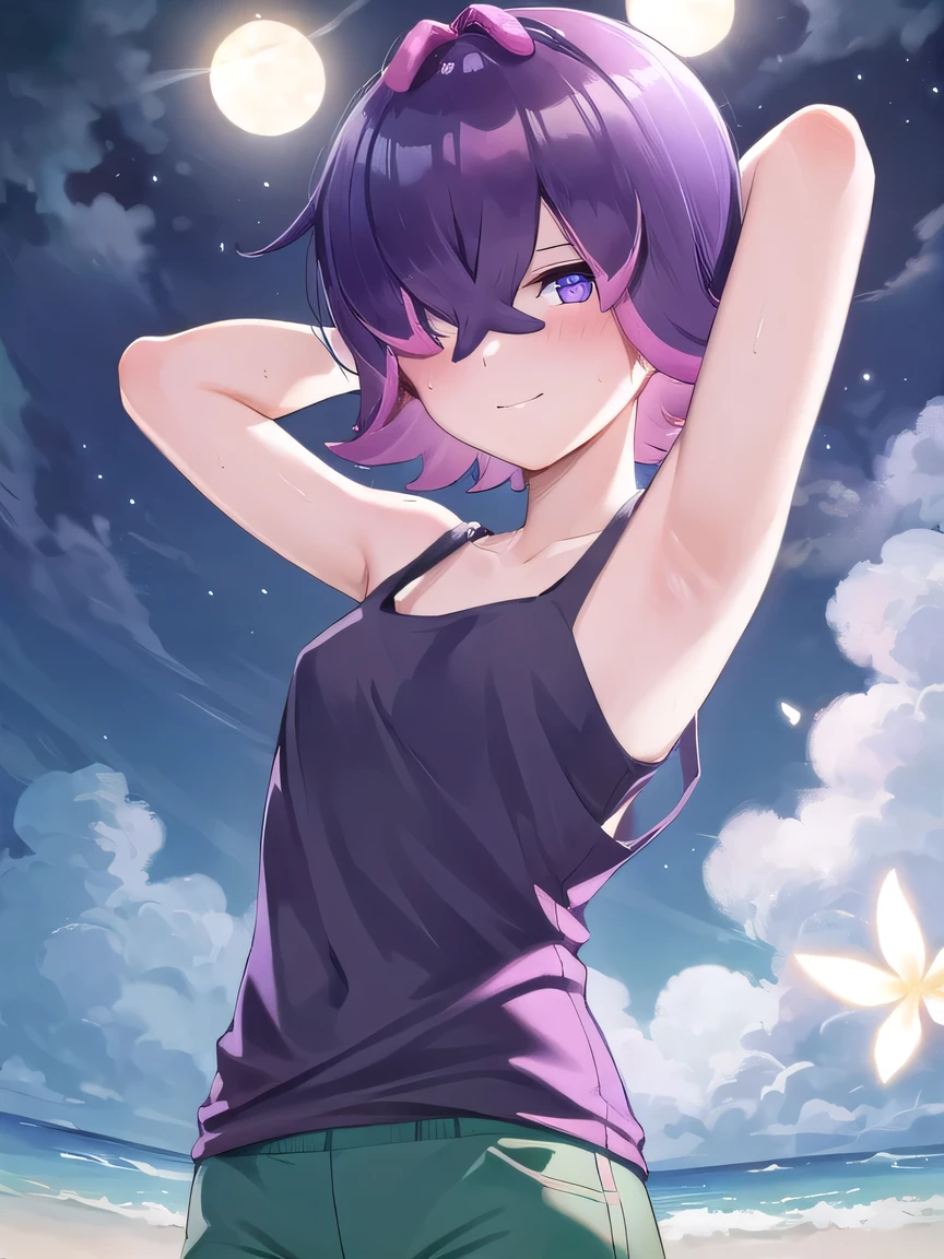 (extremely detailed CG), (best quality), perfect face, shiny skin, lustrous skin, 1girl,solo, DotPoke, hair over one eye, sleevless, tank top, purple eyes,shirt,short hair, multicolored hair, pink hair, purple hair, hair over eyes, pants, green pants,  looking at viewer, closed mouth, solo, night sky, beach, arms behind head, contrapposto, spread armpits, looking at viewer, best quality, portrait, sad, shy, smile,