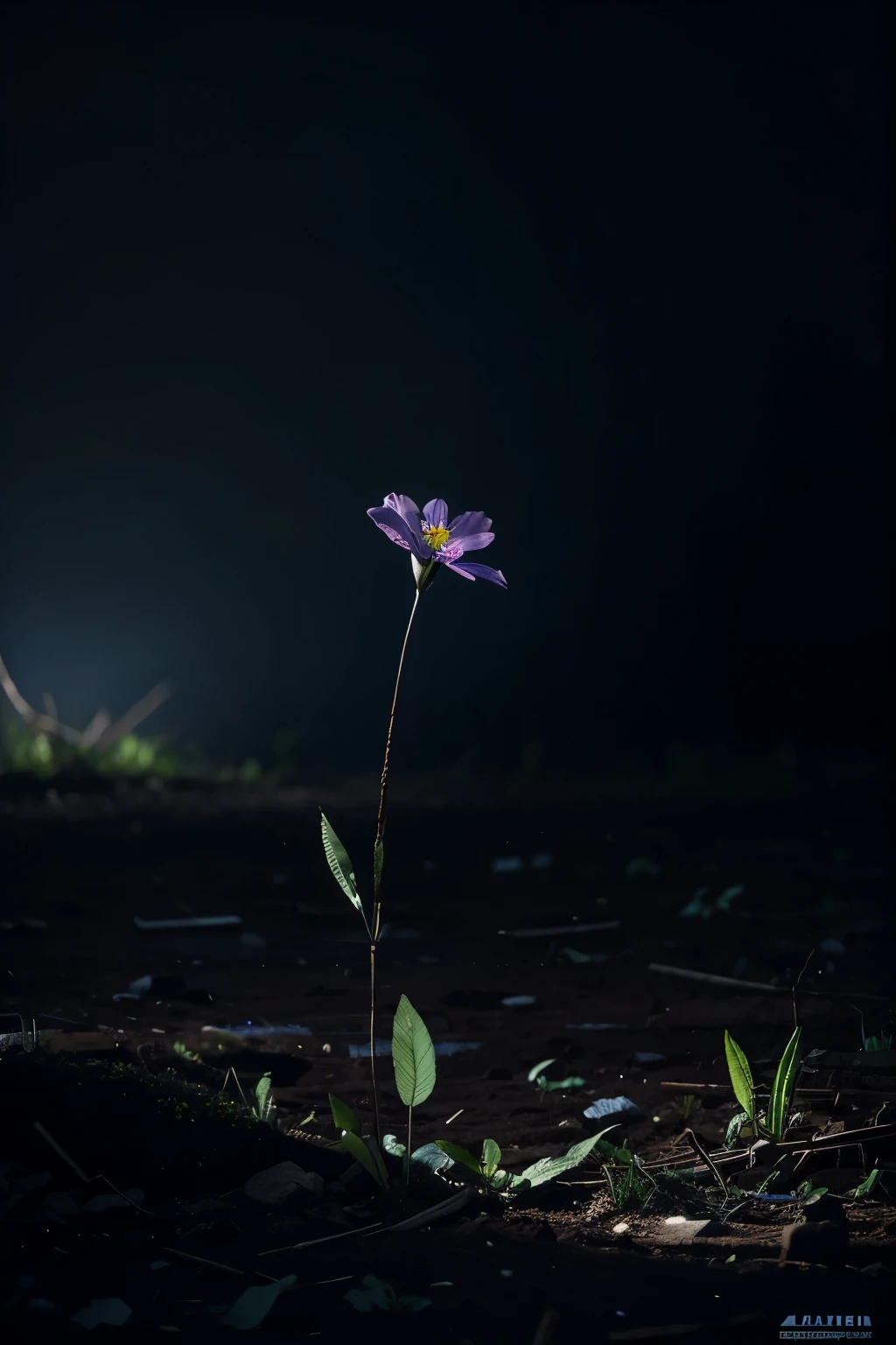 Flores myosothis azules en lugar destrozado, opaco y oscuro, sin oersonas alrededor, todo abandonado.