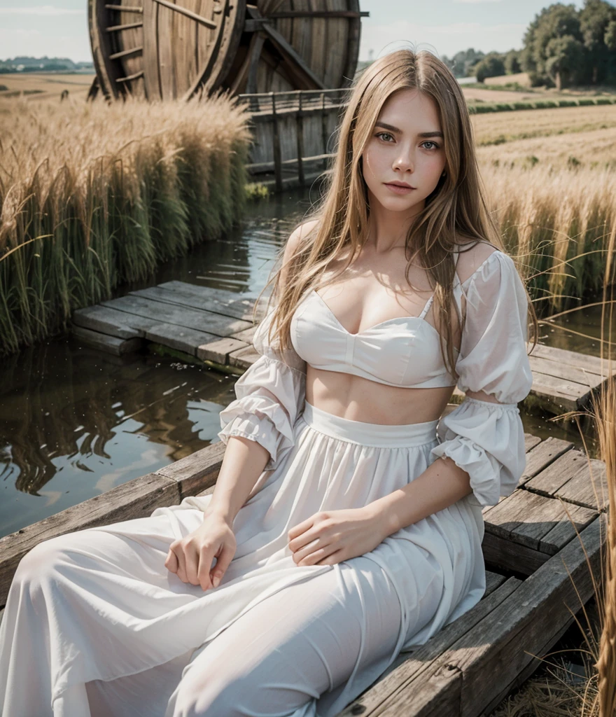 Golden dress, fairy dress, cool clothes, 1 girl, swedish, 18 years old, on the high shore, blonde hair, green eyes, slim figure, smaller bust, white shorts, beautiful light, background for the river