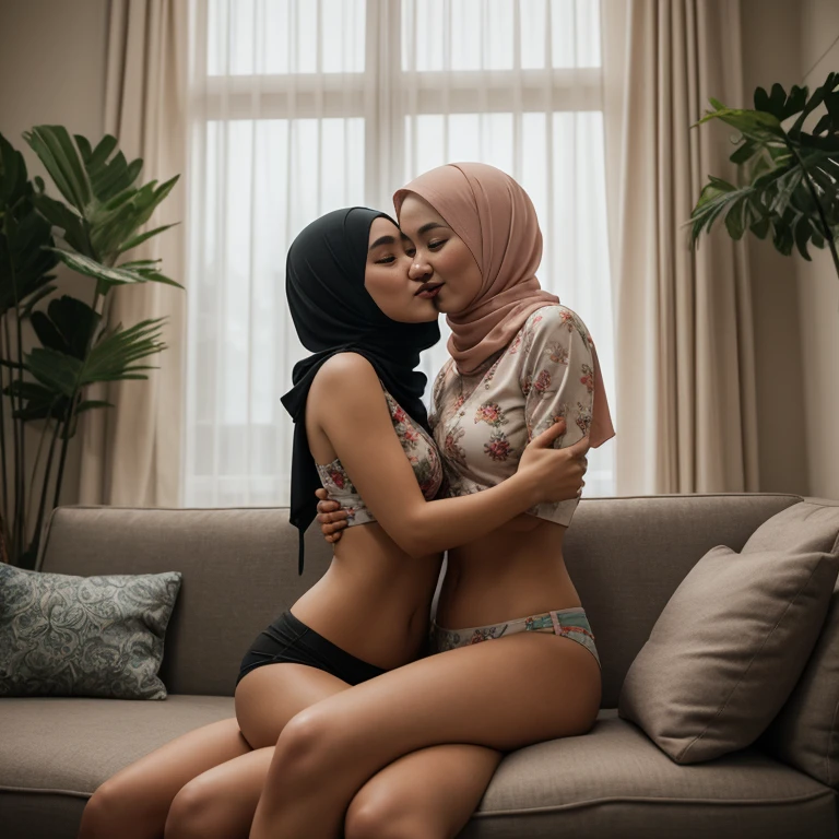 1 matured malay women 30 years old hugging and kissing 2 young malay girl in hijab wearing unbuttoned floral crop top ,, nighttime, beautiful girl with beautiful perfect body, location: couch in hotel, professional photography, bright lighting, 28mm lens, Establishing shot, deep focus cinematography effect, Natural Lighting, pastel color grading, high quality, ultra detail, 8k resolution,
