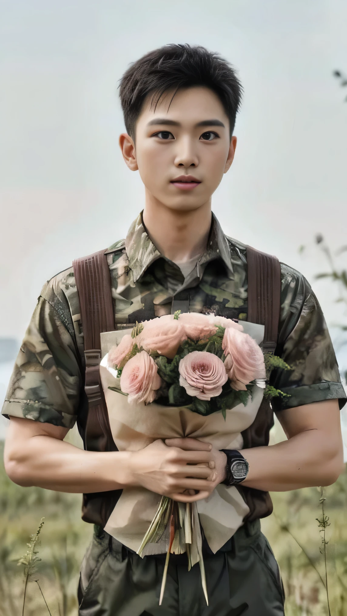 8k, (masterpiece), best quality, 2d, Brother Bing,Wear training uniform，Wearing a hat，Wearing a full set of military green camouflage uniforms, Outdoor meadow background, Upper body unobstructed photos，Green Clothing，Southeast Asian Soldiers，Frontal orientation，Positive face，Eyes looking at the camera，Holding carnation flowers，Happy Mother's Day，Holding a big pink flower in hand，