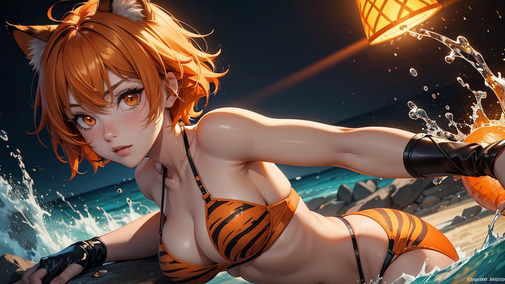 (high resolution, upper body, soft skin:1.2, orange short hair),(best illustration,masterpiece:1.2),ultra-detailed,[(cat ears , orange inside:1.2, orange eyes),vivid colors,sharp focus,portrait,studio lighting,bokeh, wearing a 2 piece zebra bikini, midnight beach background, spotlight in background, splashing in the water