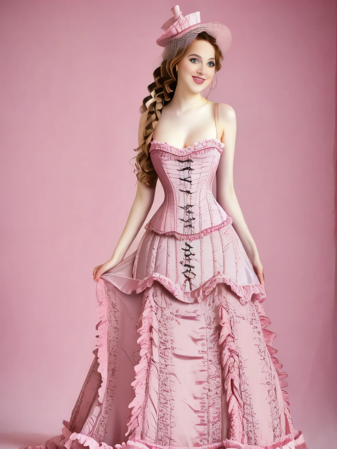 araffe woman in a pink dress and hat standing next to a table, a pastel by Joanna Carrington, tumblr, renaissance, elegant corset, romantic dress, velvet with lace gown, corset, victorian inspired clothing, in victorian aristocrat, dreamy and ethereal, victorian era, retro and ethereal, romantic gown, retro vintage and romanticism, victorian dress, tulle and lace
