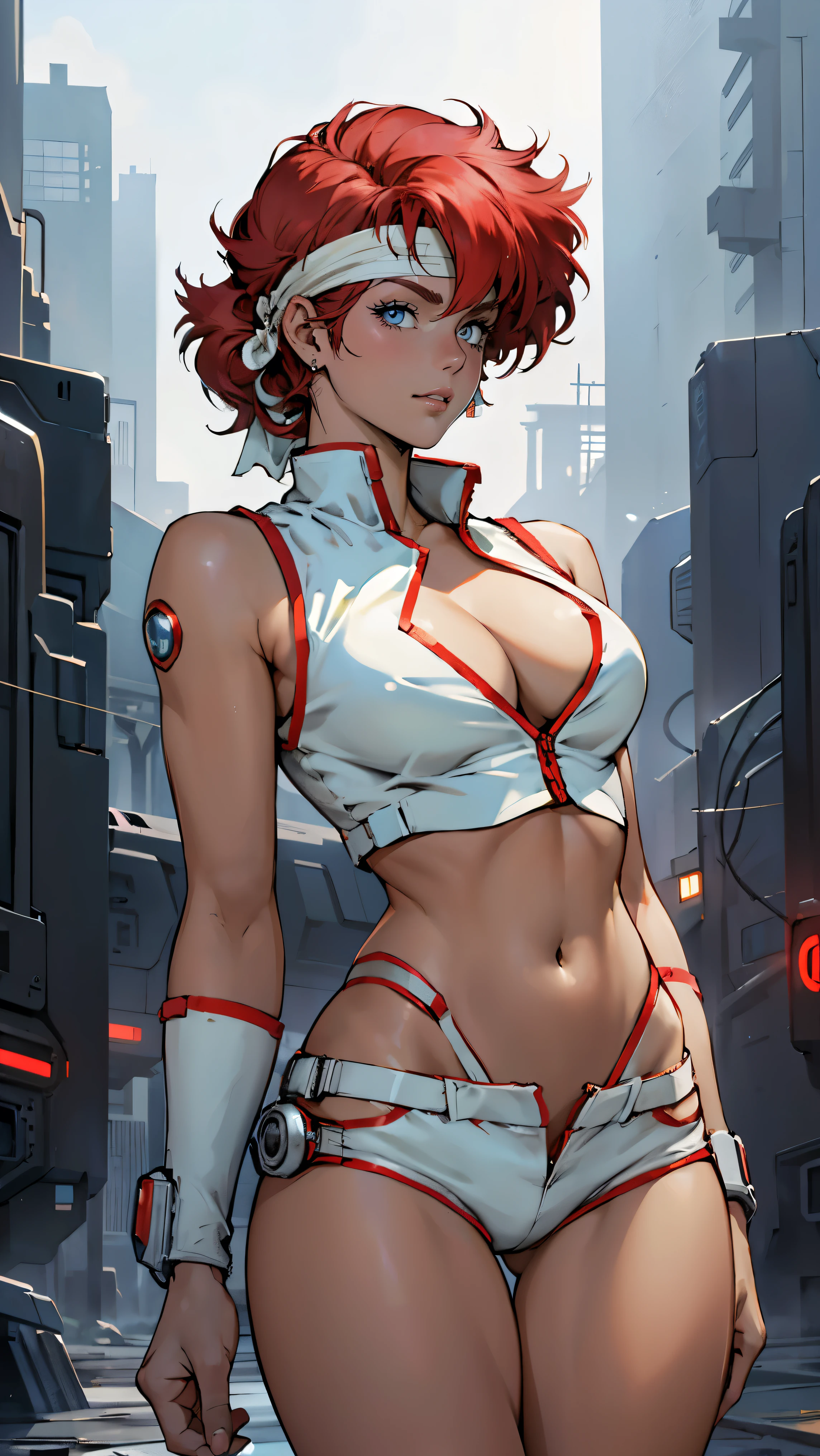 ((Masterpiece, highest quality; 1.3)), super quality, beautiful detail, super detailed, extra fine, 16K, exquisite, absurd, high resolution, beautiful background, detailed background, beautiful eyes, beautiful skin, anime style, Kay from Dirty Pair in a white outfit, tight outfit, cleavage, bushy redhead beauty, very light blue uniform, wearing tight clothes, skimpy, (mid chest: 1.2), cleavage, cleavage, slim waist , thin waist, slim thighs, thin legs, slim legs. thigh gap, showing stomach, skinny, thin hips, cyberpunk city background, retro space gun holding, headband, 