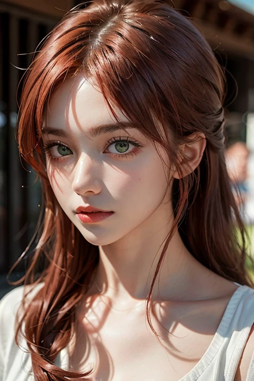 Red-haired girl with fair skin, green eyes, almost red hair, ((melhor qualidade)), ((Obra de arte)), (detalhado), rosto perfeito, Greek traits