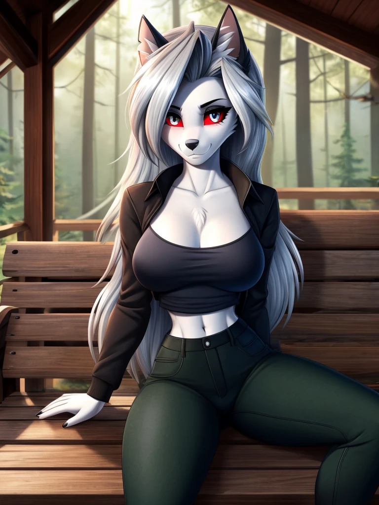 (huge breasts:1.1)(masterpiece)(high quality)(best quality) (1girl),(solo), (slim waist:1.3), Loona, by twistedscarlett60, (looking at viewer), full body portrait, red sclera, black full t-shirt, open dark green jacket, black jeans, sitting in a cabin porch, forest in backround
