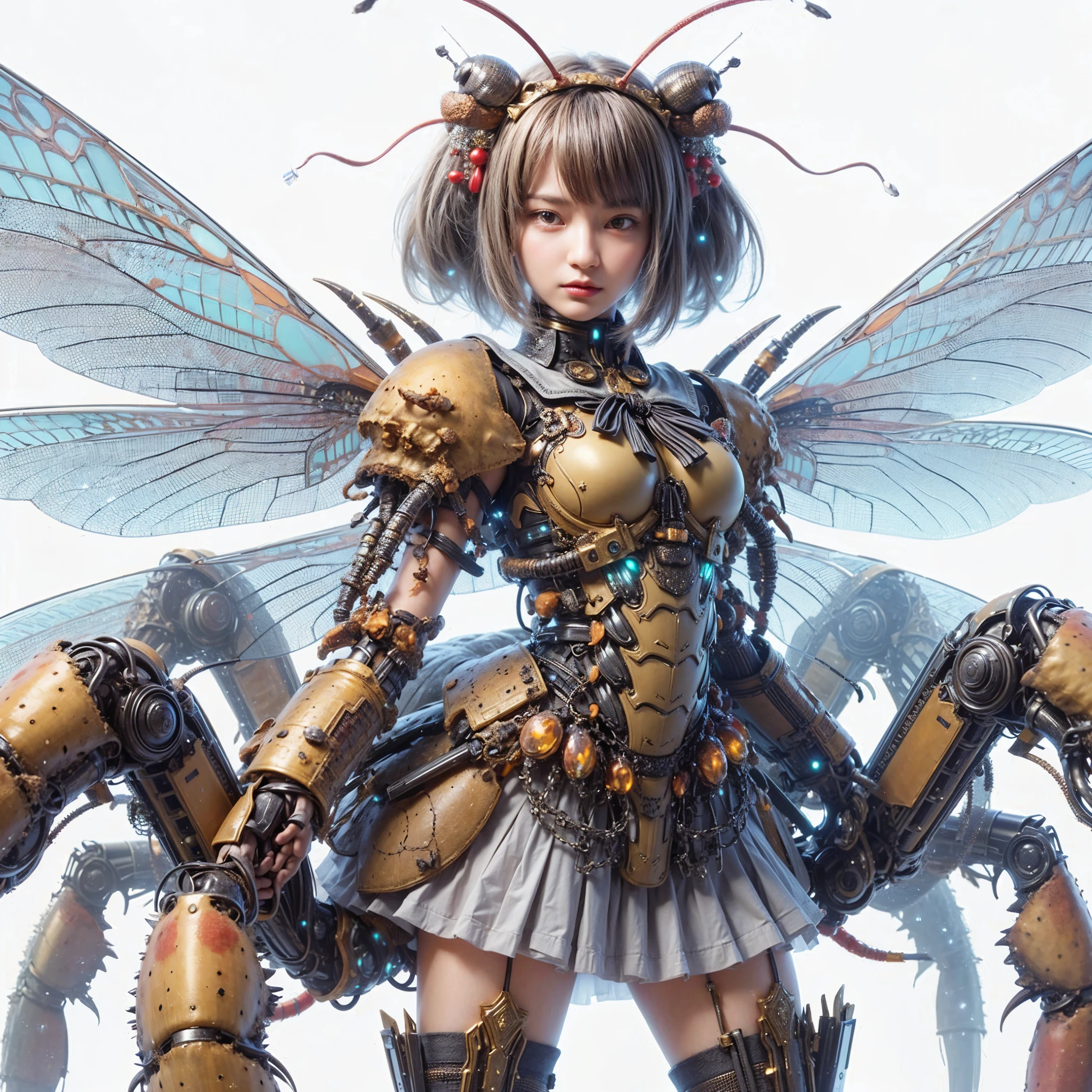 (top-quality:1.2, masterpiece), ultra high res,(Photorealsitic:1.4), (scorpion-like bio animal suit:1.3), heavy weapons,large wings, vivid textures,insect legs, red hair, glowy skin, fur,japanese girl beautiful face, ((super realistic intricate details)), full body shot, globalillumination, octan render, ultrasharp, character edge light, Details of complex ornaments, Acrylic Clear Cover, Hydraulic cylinder