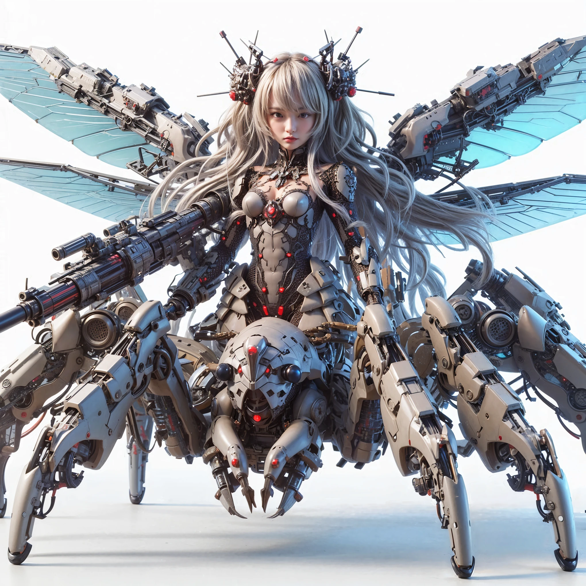(top-quality:1.2, masterpiece), ultra high res,(Photorealsitic:1.4), (scorpion-like bio animal suit:1.3), heavy weapons,large wings, vivid textures,insect legs, red hair, glowy skin, fur,japanese girl beautiful face, ((super realistic intricate details)), full body shot, globalillumination, octan render, ultrasharp, character edge light, Details of complex ornaments, Acrylic Clear Cover, Hydraulic cylinder