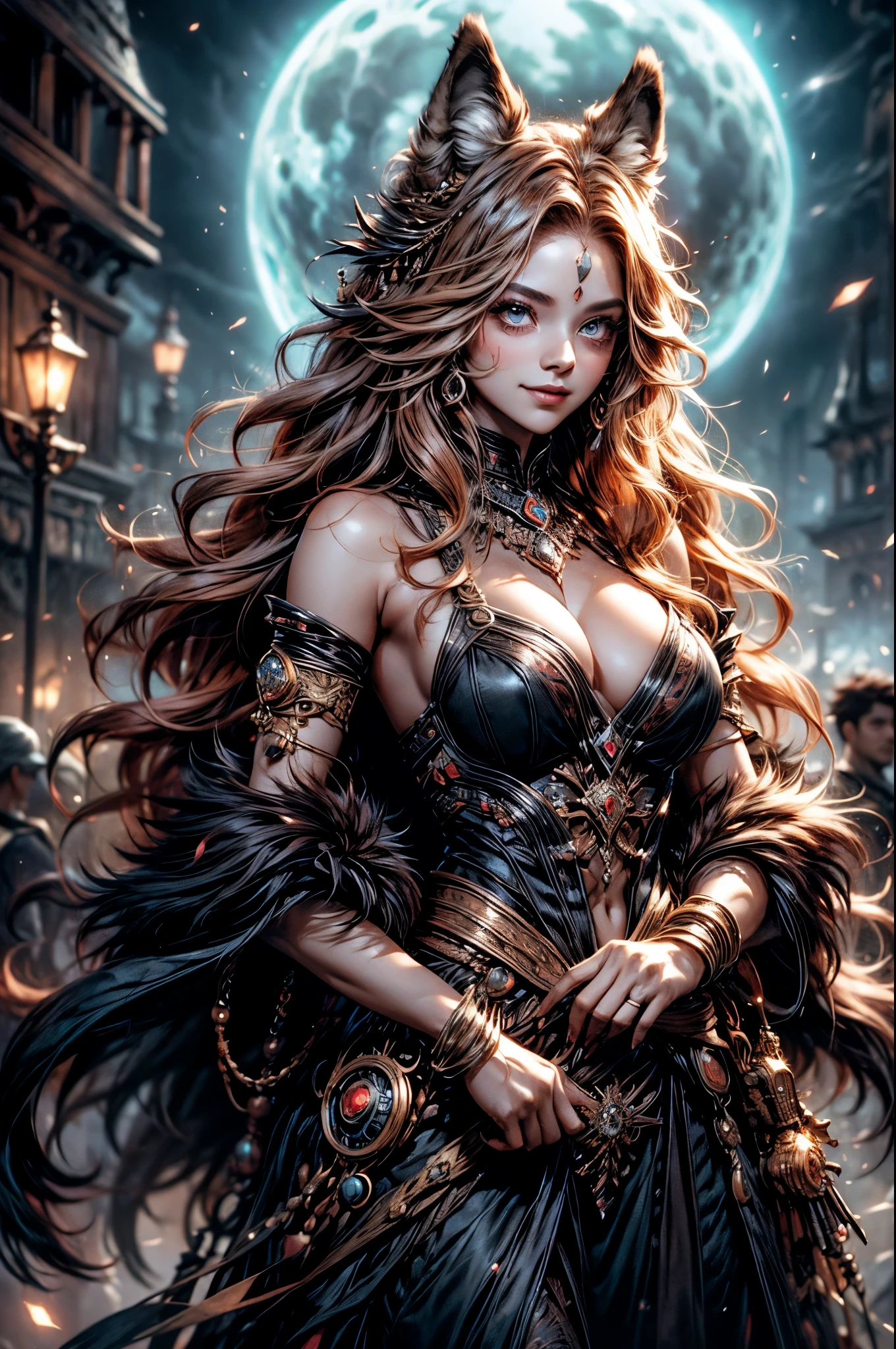 wolf woman, stands with a mischievous smirk over her full fur, ginger fluff and long, luxurious hair. His see-colored eyes sparkle with charm and mischief. The large bosom of her magical clothing remains ancient dress and outfit, adding to her mystical and alluring appearance. The scene takes place in a dark setting with a strange ambiance, reinforcing the frightening atmosphere around Velu. Despite this, her open smile puts onlookers at ease, accompanied by a soft blue blush on her cheeks.