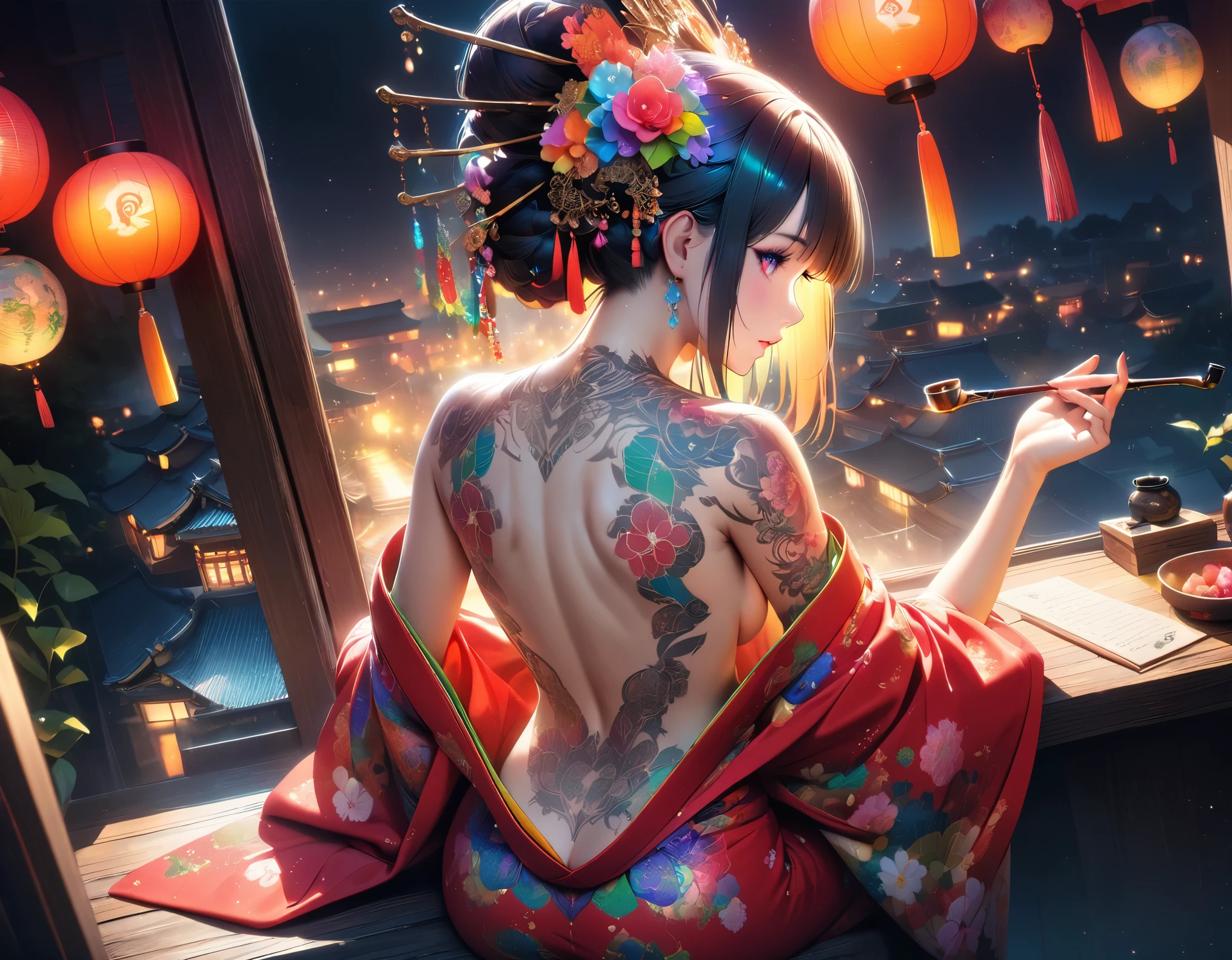 (Beautiful courtesan sitting with her naked back showing: 1 woman),Kimono half undressed,Beautiful and smooth skin,very beautiful back,A corner of an okiya in Kyoto,dim background,dim light from lanterns,BREAK,((Tattoos all over a woman's back: Hundred flowers: Intricate details: Colorful)),BREAK,(masterpiece:1.3),(highest quality:1.4),(ultra detailed:1.5),High resolution,extremely detailed,unity 8k wallpaper,beautiful light and shadow,Photoreal,A very beautiful red kimono with delicate patterns,Feeling listless,smoking pipe,Oiran hairstyle,Kyoto at night seen from the window of a townhouse,zentangle,patchwork,rendering,artwork,intricate details,Brightly colored,colorful,rich colors,Light and darkness