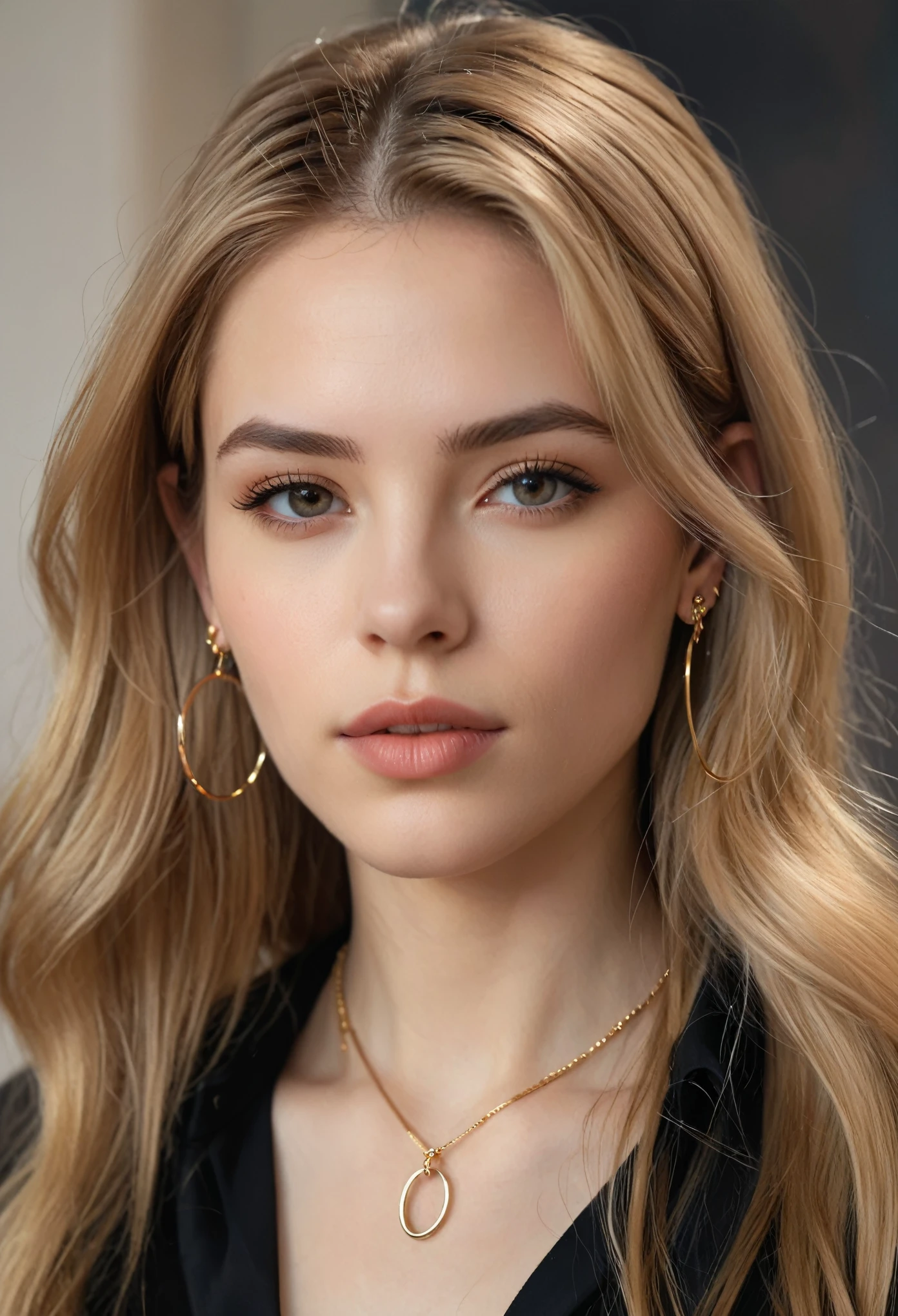 hyper realistic,,aqheodd, realistic style, a woman with long hair and a black shirt, 1girl, solo, long hair, looking at viewer, blonde hair, brown hair, jewelry, earrings, parted lips, blurry, lips, portrait, hoop earrings, realistic, highly detailed, sharp focus, handsome background, beautiful, elegant, intricate, artistic