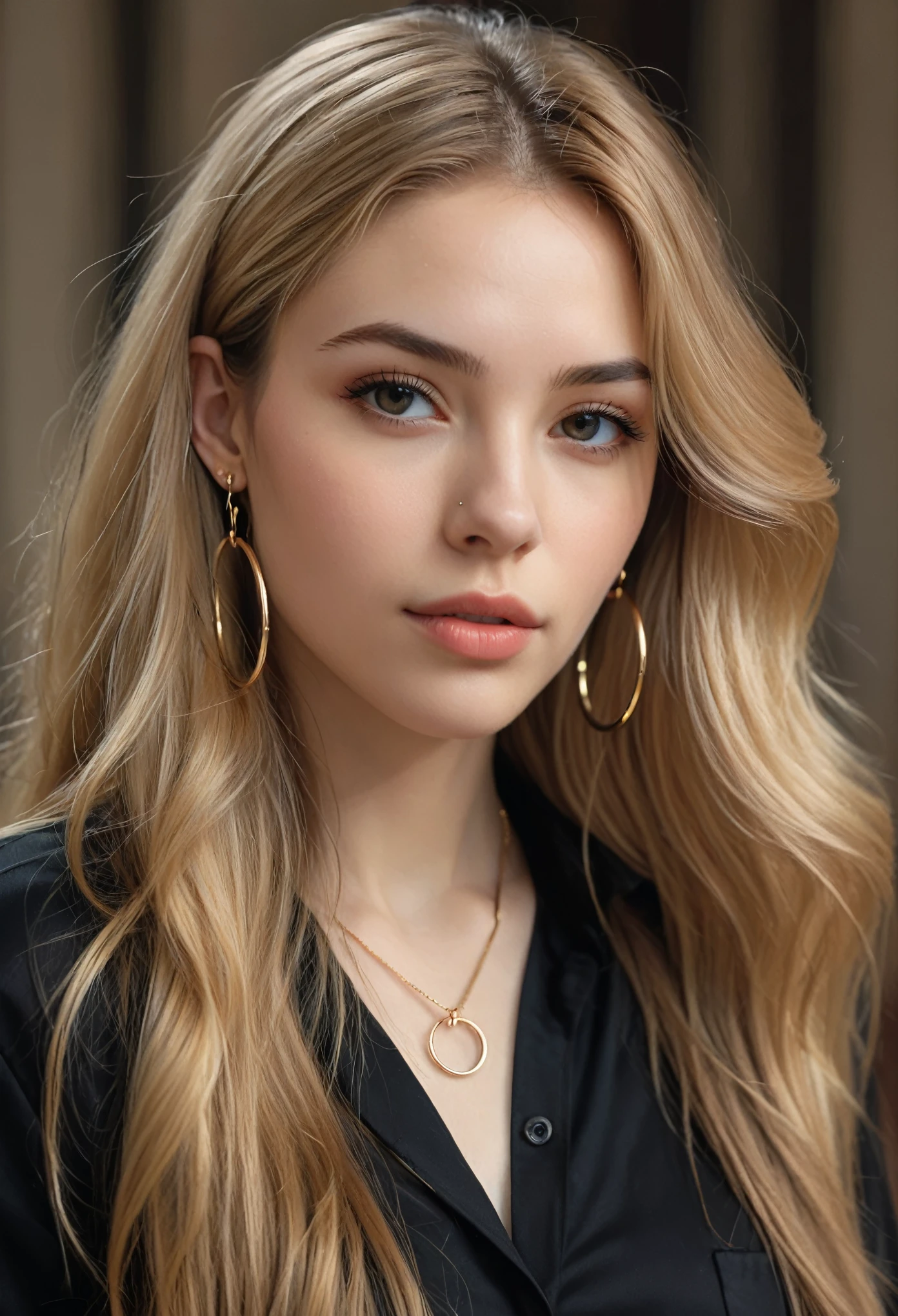 hyper realistic,,aqheodd, realistic style, a woman with long hair and a black shirt, 1girl, solo, long hair, looking at viewer, blonde hair, brown hair, jewelry, earrings, parted lips, blurry, lips, portrait, hoop earrings, realistic, highly detailed, sharp focus, handsome background, beautiful, elegant, intricate, artistic