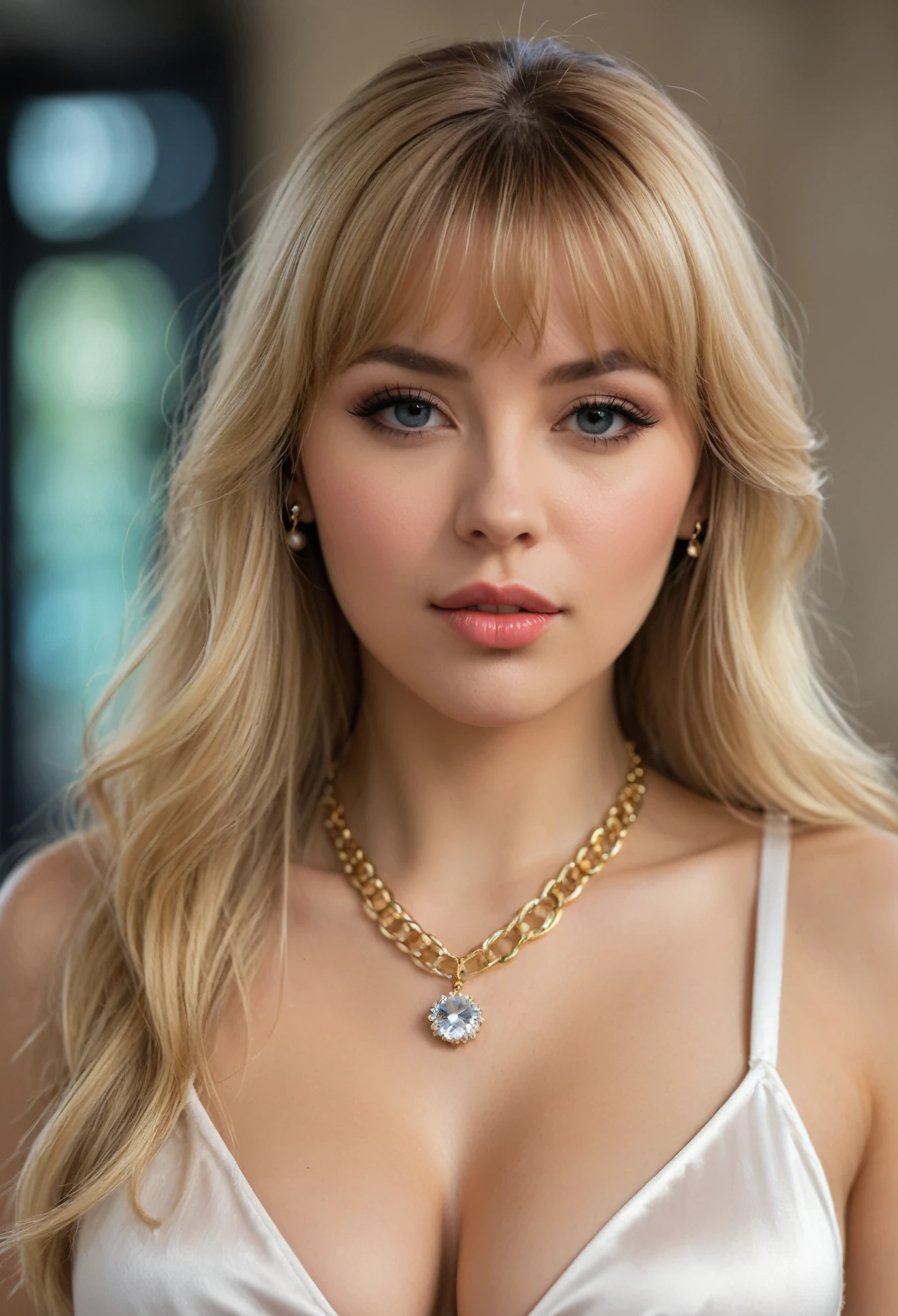 hyper realistic,,aqheodd, realistic style, a woman with a necklace and a necklace on her neck, 1girl, solo, long hair, breasts, bangs, blonde hair, large breasts, cleavage, jewelry, upper body, necklace, bra, blurry, lips, blurry background, realistic