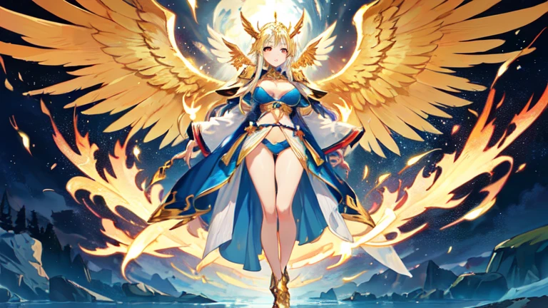 best quality)), ((masterpiece)), (detailed), Top quality、Top image quality、masterpiece，Perfect body， Perfect face，Exquisite facial features，Full body shot，A woman in a golden costume with wings,Bikini， Angel Gold Armor, majestic angel, angel knight girl, Final Fantasy Tactics Characters, mystical atlantean valkyrie, as a Mysterious Valkyrie, Blazing Angel, Maple Leaf Story Character Art, With blazing golden wings, Golden Wings, April renderings, Mysterious Valkyrie, A woman in a golden costume with wings的特写, Best Bust、Optimal waist-hip ratio，Best Body Golden Ratio Concept Art Inspired by PwC, pixiv, Baroque, Angel Gold Armor, majestic angel, angel knight girl, Final Fantasy Tactics Characters, mystical atlantean valkyrie, as a Mysterious Valkyrie, Blazing Angel, Maple Leaf Story Character Art, With blazing golden wings, Golden Wings, Battle with orcs，Photographic lenses，Ultra wide-angle lens，First person，