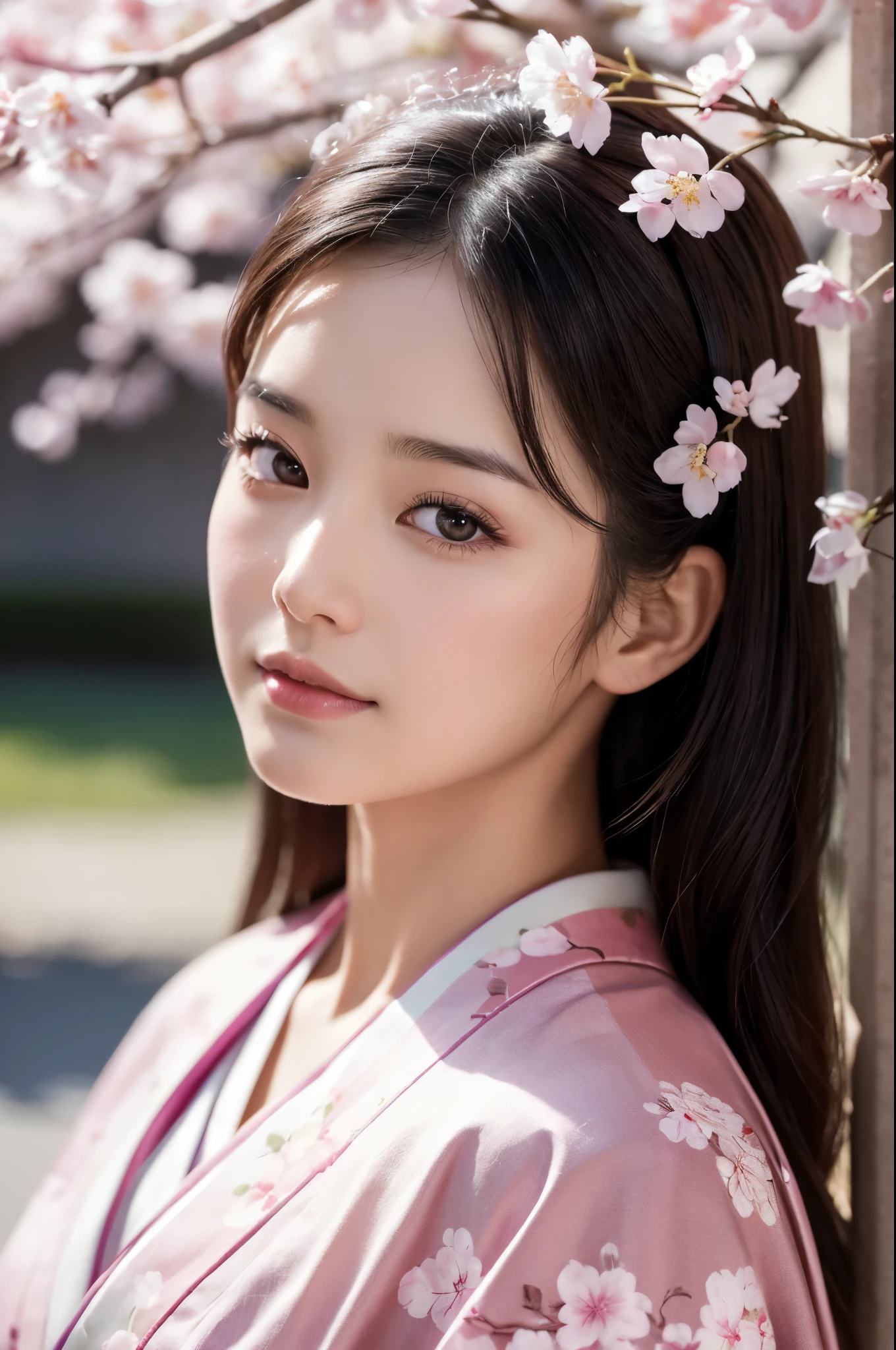 8K.A black-haired woman quietly looking up at the cherry blossom tree,Super Beauty(Like the real thing),A woman wearing a kimono with a cherry blossom design,Her hair is tied up and she is wearing a cherry blossom hairpin.,Beautiful expression,Messy, I am proud, Absurd, celebration, Cowboy Shot, Portraiture, (highest quality), (Tabletop), (Very detailed), masterpiece,highest qualityのフォトリアリスティックなRAW写真。Backlight, Cinema Lighting, Film Grain, to be born, 50mm lens, Nikon D850,Ultra-Realistic Skin,Fantasy art,Character Art,Ultra-high resolution,Muscular and slender body type,Perfect hands,compensate,Bust shot close-up,Pink Rouge,A large number of cherry blossom petals flutter down,Fantastic paintings,My gaze is of cherry blossoms,