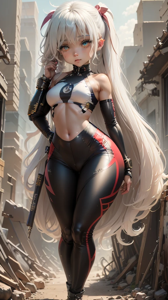 single,1woman\((chibi:1.8),cute,kawaii,,(white hair:1.7),(very long hair:1.7),bumps,(ear\(fluffy white Rabbit-ear\):1.3), (only 1 small rabbit tail on the hip:1.2),(red eye),big eye,beautiful bright eye,white skin color,big hair bow,(suit\(combat suit,(very tight :1.5 ),(show body line:1.2),weapons\)), BREAK ,Background\(rubble city,(close woman), BREAK ,quality\(8K,extremely detailed CG unit wallpaper, artwork master,high resolution,top-quality,top-quality real skin texture,hyperrealistic,increase resolution,RAW photos,best quality,highly detailed,wallpaper,golden ratio\)