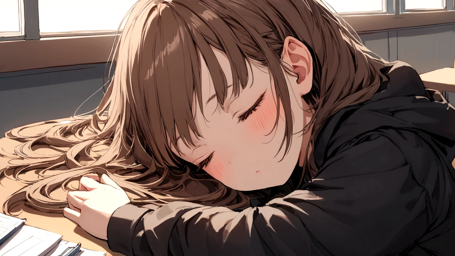 a girl short brown hair with a black hoodie sleeping at the desk