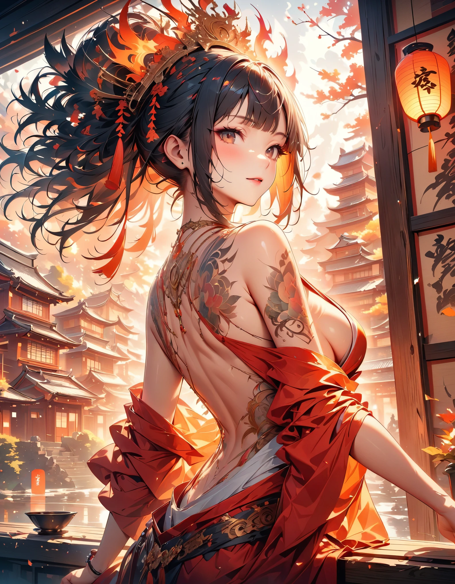 (Beautiful courtesan showing her naked back: 1 woman),Kimono half undressed,Beautiful and smooth skin,very beautiful back,A corner of an okiya in Kyoto,dim background,dim light from lanterns,BREAK,((Tattoo on the entire back of a woman: Cursed seal: Flame motif: Intricate details: Ominous)),BREAK,(masterpiece:1.3),(highest quality:1.4),(ultra detailed:1.5),High resolution,extremely detailed,unity 8k wallpaper,beautiful light and shadow,Photoreal,A very beautiful red kimono with delicate patterns,Feeling listless,smoking pipe,Oiran hairstyle,Kyoto at night seen from the window of a townhouse,zentangle,patchwork,rendering,artwork,intricate details