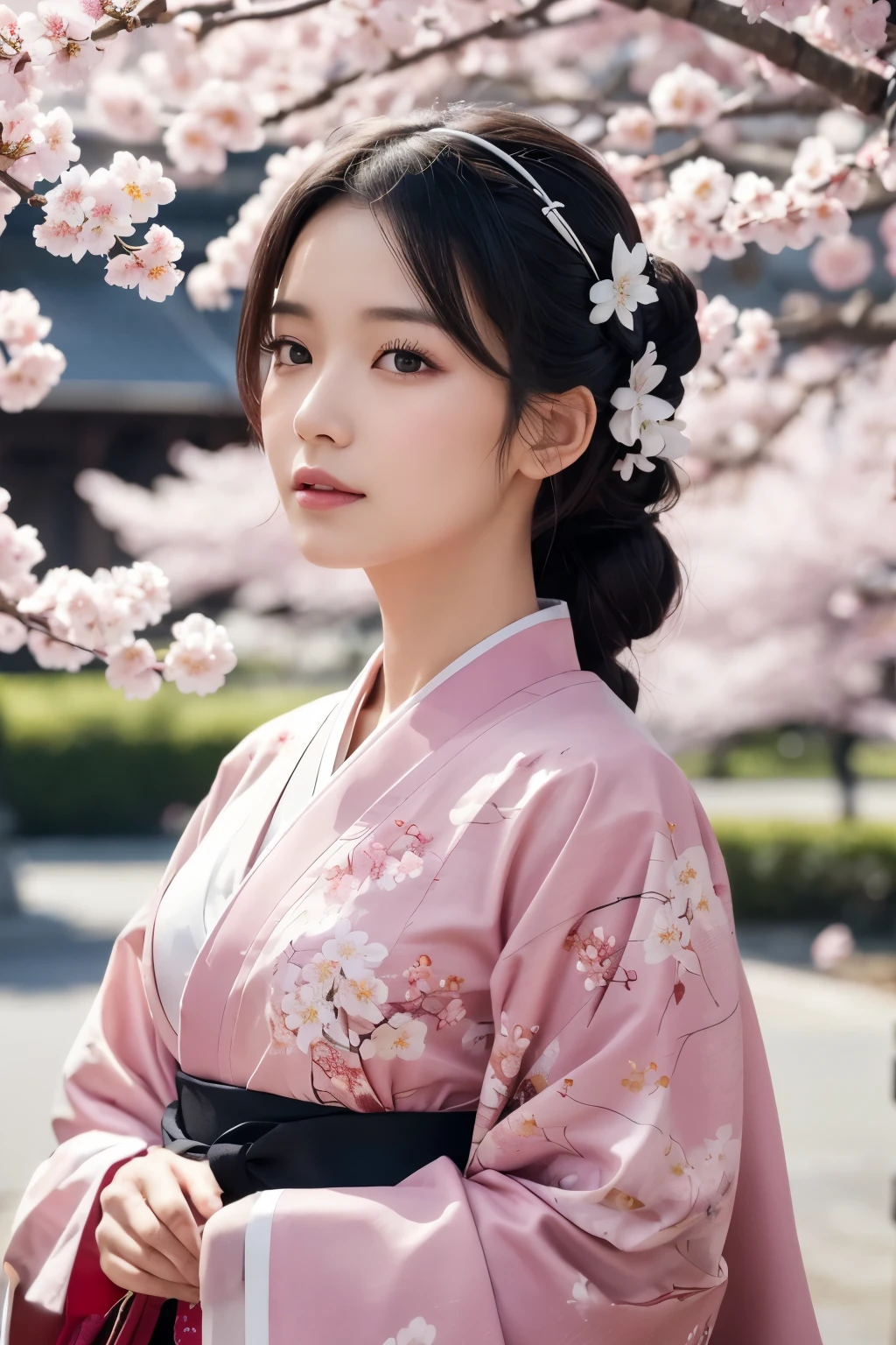 8K.A black-haired woman quietly looking up at the cherry blossom tree,Super Beauty(Like the real thing),A woman wearing a kimono with a cherry blossom design,Her hair is tied up and she is wearing a cherry blossom hairpin.,Beautiful expression,Messy, I am proud, Absurd, celebration, Cowboy Shot, Portraiture, (highest quality), (Tabletop), (Very detailed), masterpiece,highest qualityのフォトリアリスティックなRAW写真。Backlight, Cinema Lighting, Film Grain, to be born, 50mm lens, Nikon D850,Ultra-Realistic Skin,Fantasy art,Character Art,Ultra-high resolution,Muscular and slender body type,Perfect hands,compensate,Bust shot close-up,Pink Rouge,A large number of cherry blossom petals flutter down,Fantastic paintings,My gaze is of cherry blossoms,Join hands,
