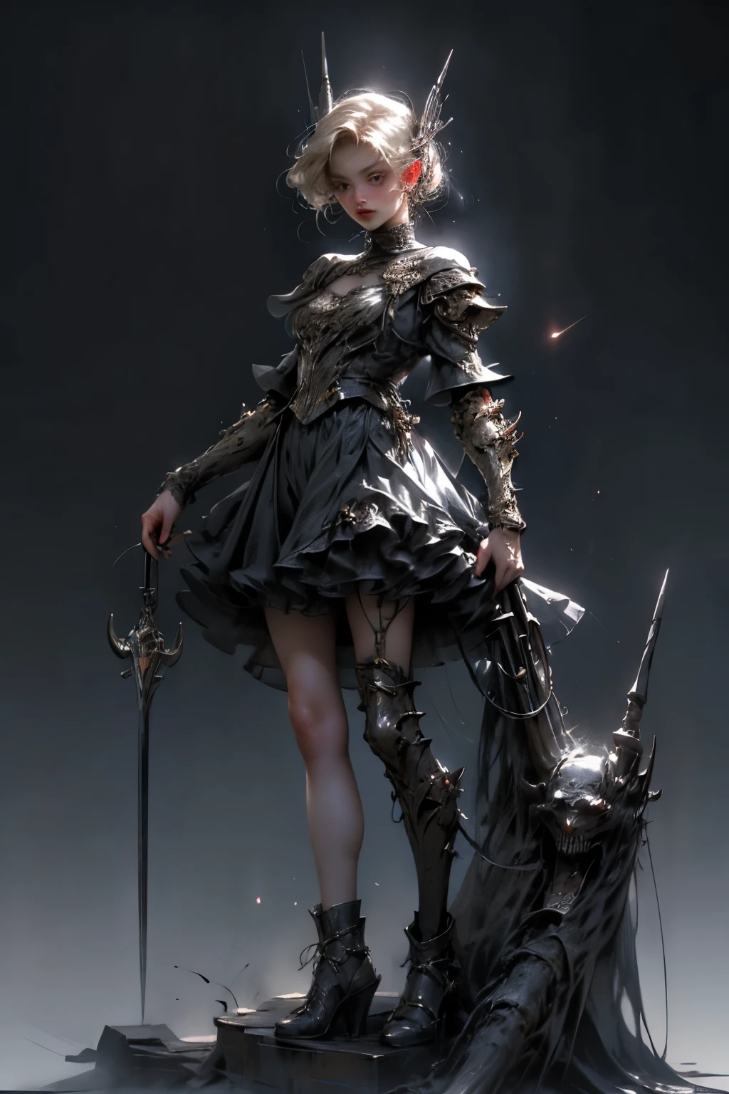 ((best quality)), ((masterpiece)), (detailed), perfect face ((best quality)), ((masterpiece)), (detailed), blank white background, plain background, white background, Bloodborne inspired, occult aesthetic, occult, detailed and intricate steampunk and detailed gothic, (zentangle, mandala, tangle, entangle), NSFW, torn clothing, Very dramatic and cinematic lighting, cosmic horror, grim-dark, side-lighting, perfect face, a beautiful goddess adorned and enshrined in armour, Bloodborne inspired , occult aesthetic , occult , detailed and intricate steampunk and detailed gothic , wielding a sword and holding a shield, NSFW, Fluttering lace flared short dress with frilly petticoats, knee length dress, pleated petticoats, ta dress, petticoats gothic loliside-lighting, gothic lolita aetic, beautiful small breasts, small breasts, full body, whole body, body, plain background, white background, blank background, no background, white background NSFW, full body, whole body, head-to-toe