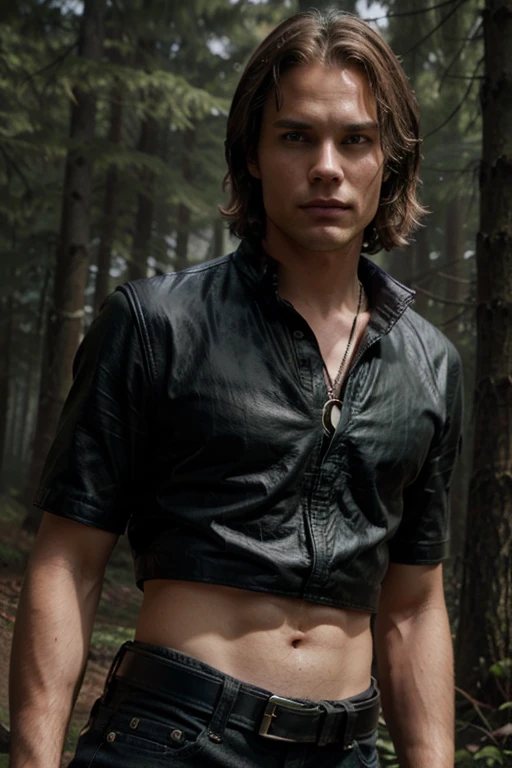 Pogue Parry, Taylor Kitsch, Wolf, 18 years old, short and messy brown blonde hair, green eyes, gray shirt with black collar, black leather belt, silver moon pendant, black jeans background of foggy forest around in black.