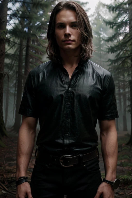 Pogue Parry, Taylor Kitsch, Teen Wolf, 18 years old, short and messy brown blonde hair, green eyes, gray shirt with black collar, black leather belt, silver moon pendant, black jeans background of foggy forest around in black.