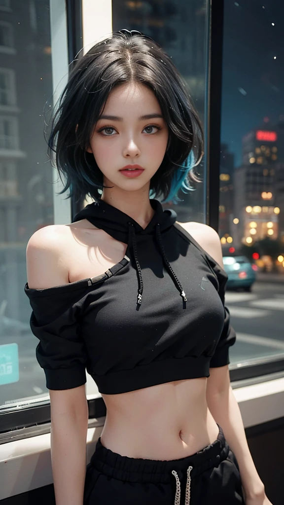 23 year old girl, beautiful, short shoulder length hair, black and cyan hair color, almond eyes, no makeup, Cyan crop top, crop hoodie, sweatpants, in front of the window, night city, quiet atmosphere, close-up, midnight, ( photo:1.2 ), (super realistic: 1.3), (highly detailed: 1.1), ((masterpiece)), quiet, sad, don't cry