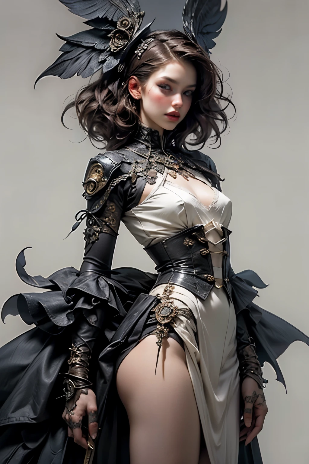 ((best quality)), ((masterpiece)), (detailed), perfect face ((best quality)), ((masterpiece)), (detailed), blank white background, plain background, white background, Bloodborne inspired,  occult aesthetic, occult, detailed and intricate steampunk and detailed gothic, (zentangle, mandala, tangle, entangle),  NSFW, torn clothing, Very dramatic and cinematic lighting, cosmic horror, grim-dark, side-lighting, perfect face, a beautiful goddess adorned and enshrined in armour, Bloodborne inspired , occult aesthetic , occult , detailed and intricate steampunk and detailed gothic , wielding a sword and holding a shield, NSFW, Fluttering lace flared short dress with frilly petticoats, knee length dress, pleated petticoats, ta dress, petticoats gothic loliside-lighting, gothic lolita aetic, beautiful small breasts, small breasts, full body, whole body, body, plain background, white background, blank background, no background, white background NSFW, full body, whole body, head-to-toe