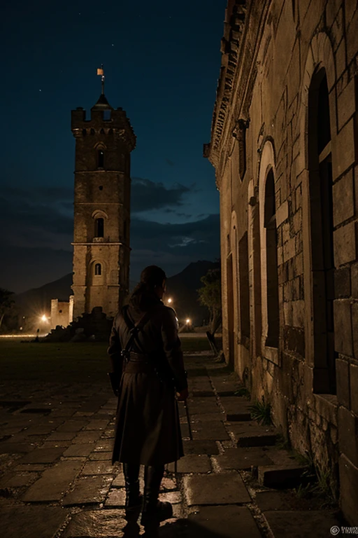 Gran castillo en ruinas por quemaduras, dentro de noche, con hombre llorando en la esquina dentro. 