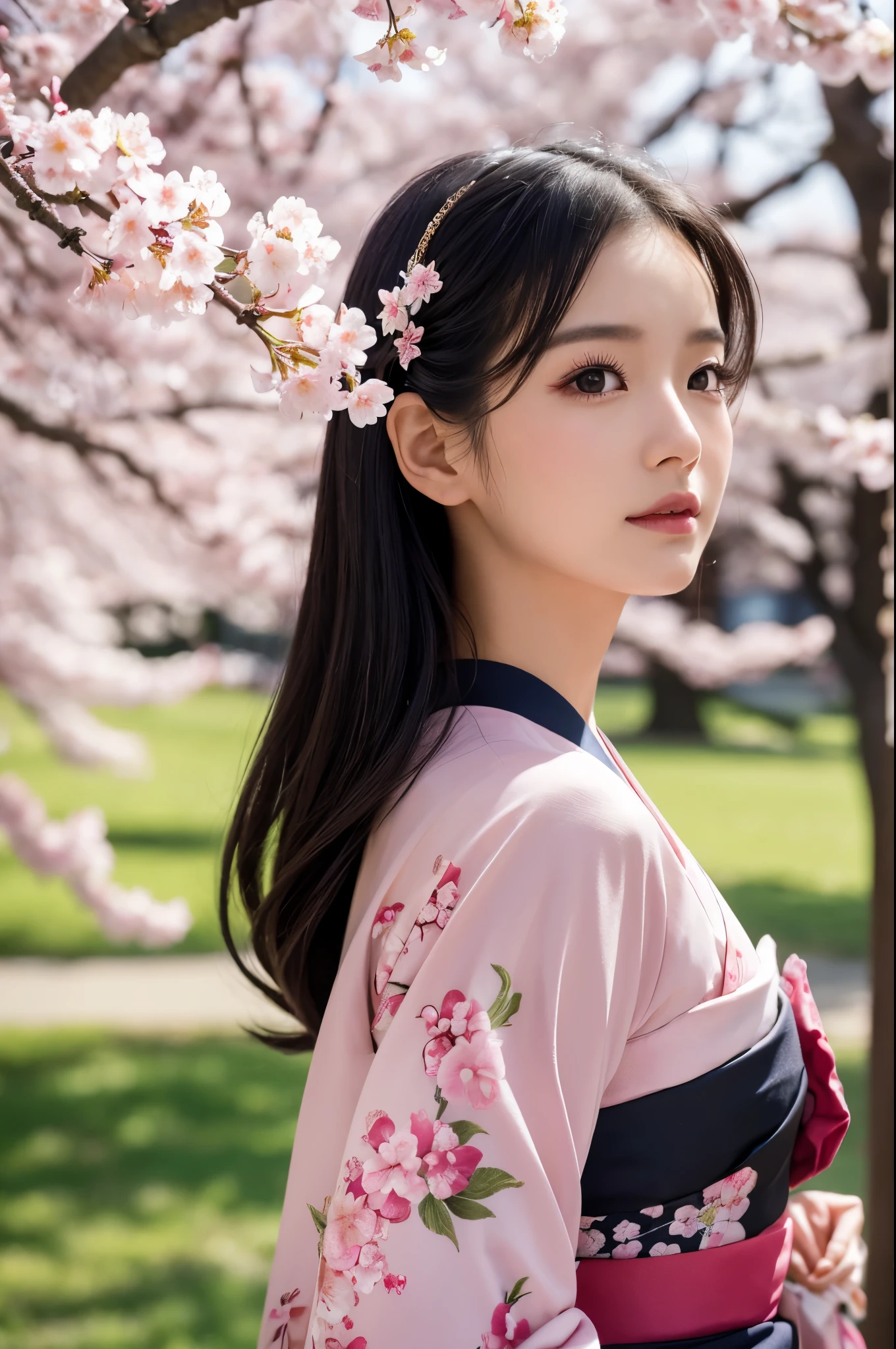 8K.A black-haired woman quietly looking up at the cherry blossom tree,Super Beauty(Like the real thing),A woman wearing a kimono with a cherry blossom design,Her hair is tied up and she is wearing a cherry blossom hairpin.,Beautiful expression,Messy, I am proud, Absurd, celebration, Cowboy Shot, Portraiture, (highest quality), (Tabletop), (Very detailed), masterpiece,highest qualityのフォトリアリスティックなRAW写真。Backlight, Cinema Lighting, Film Grain, to be born, 50mm lens, Nikon D850,Ultra-Realistic Skin,Fantasy art,Character Art,Ultra-high resolution,Muscular and slender body type,Perfect hands,compensate,Bust shot close-up,Pink Rouge,A large number of cherry blossom petals flutter down,Fantastic scenery,My gaze is of cherry blossoms,