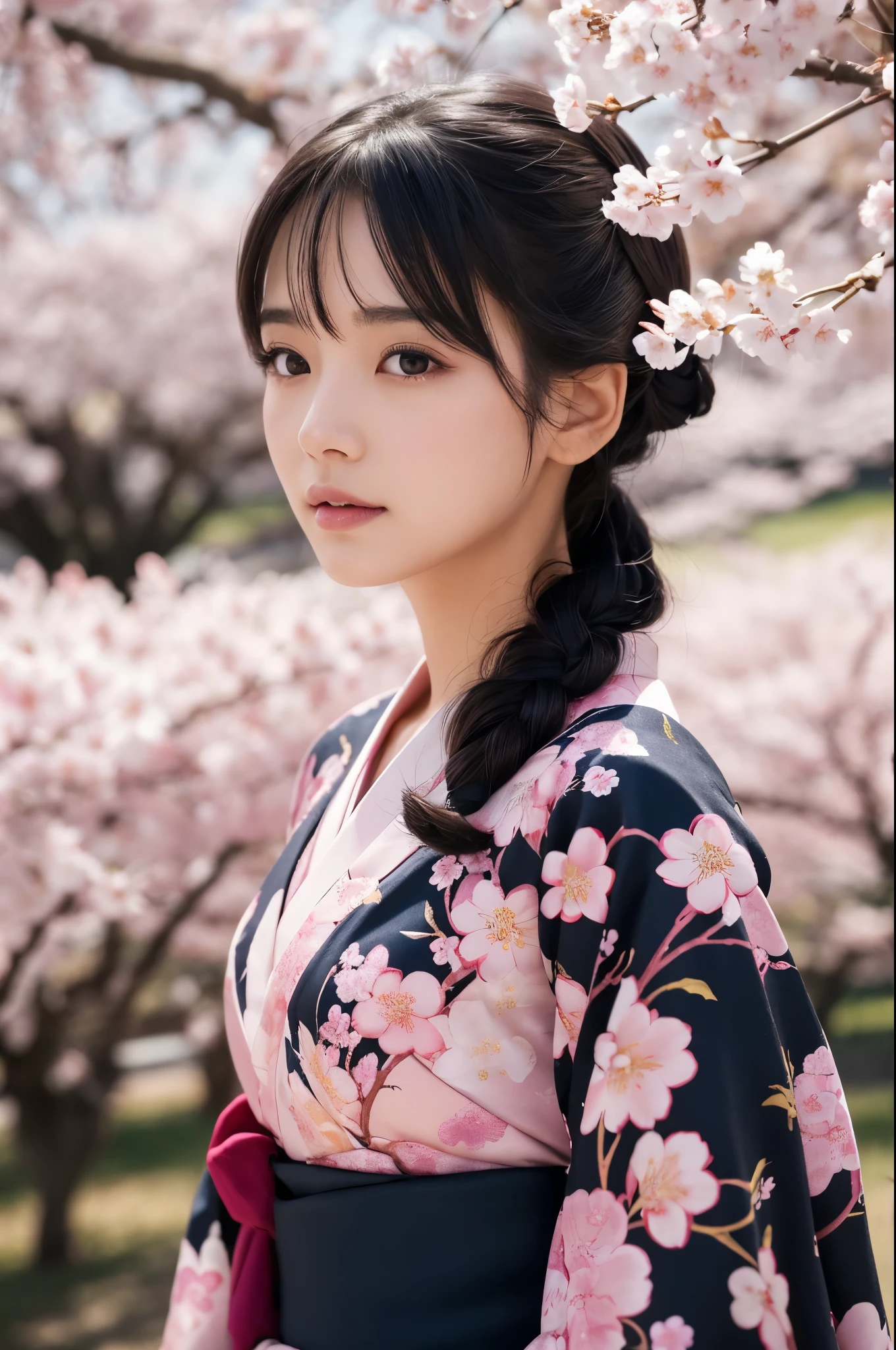 8K.A black-haired woman quietly looking up at the cherry blossom tree,Super Beauty(Like the real thing),A woman wearing a kimono with a cherry blossom design,Her hair is tied up and she is wearing a cherry blossom hairpin.,Beautiful expression,Messy, I am proud, Absurd, celebration, Cowboy Shot, Portraiture, (highest quality), (Tabletop), (Very detailed), masterpiece,highest qualityのフォトリアリスティックなRAW写真。Backlight, Cinema Lighting, Film Grain, to be born, 50mm lens, Nikon D850,Ultra-Realistic Skin,Fantasy art,Character Art,Ultra-high resolution,Muscular and slender body type,Perfect hands,compensate,Bust shot close-up,Pink Rouge,A large number of cherry blossom petals flutter down,Fantastic scenery,My gaze is of cherry blossoms,
