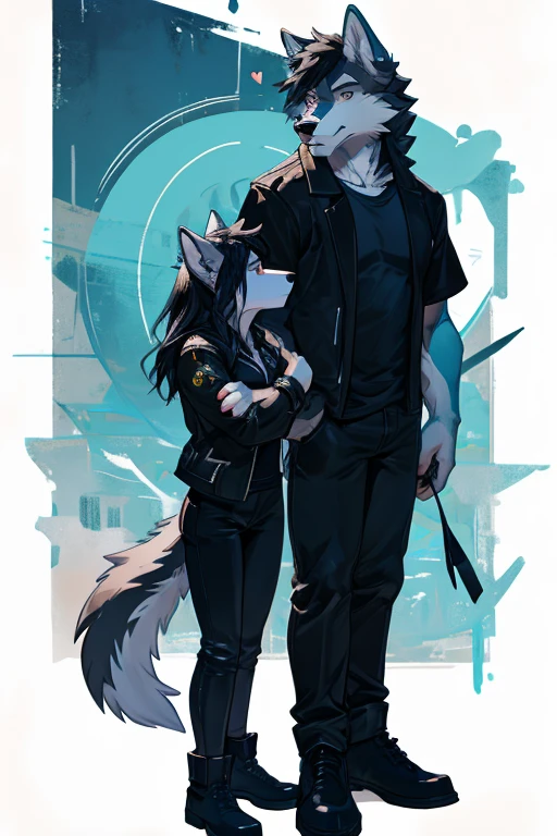A female Wolf, gray short hair and gold earrings in her ears. Long black hair, with a few blue strands in it. The eyes are two colors turquoise and blue. The nose is black. A wolf's gray tail with a blue tip. 
Black leather jacket and white t-shirt with broken heart, black pants. Black boots on his feet. 