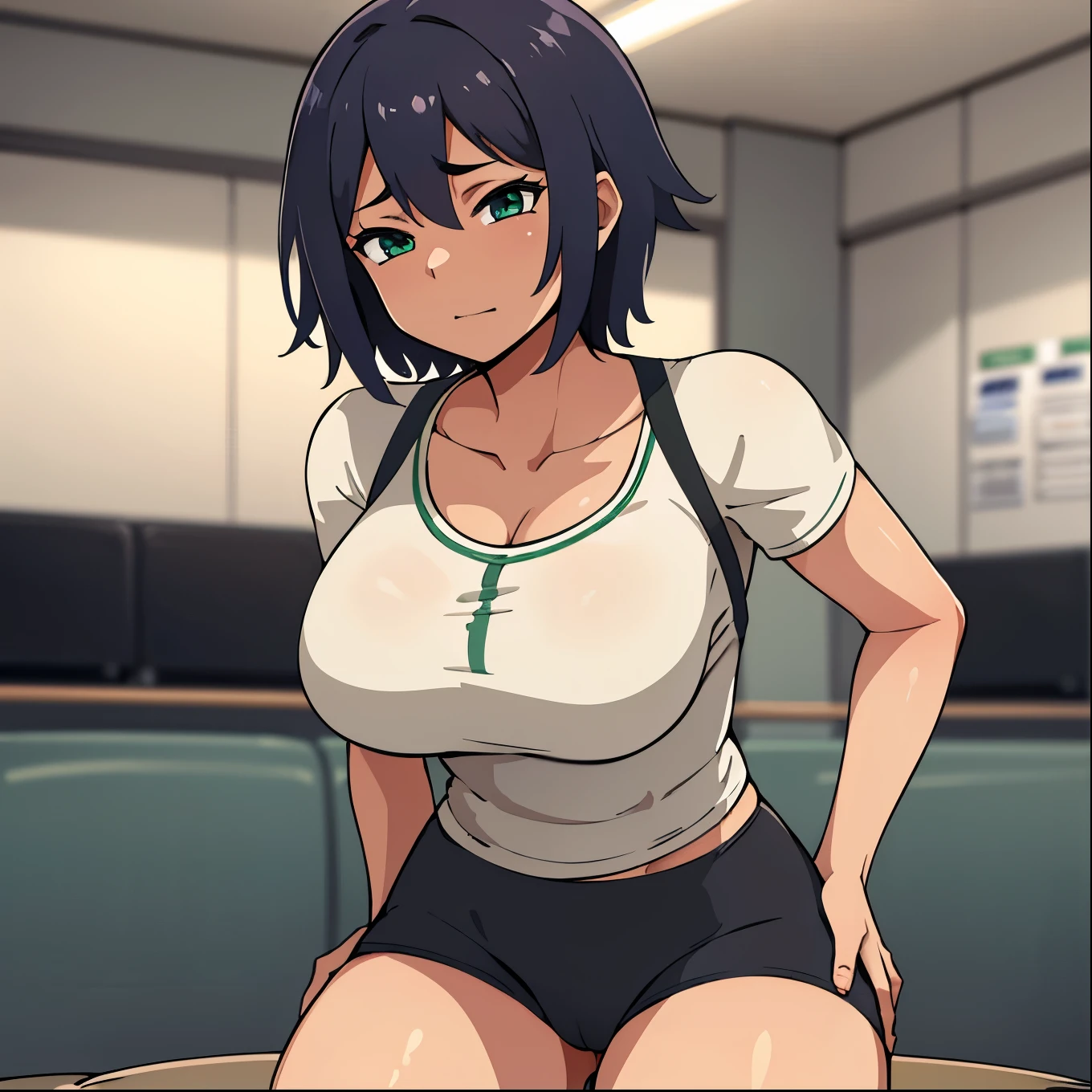 calidad superior, Obra maestra, Ultra high resolution, de un 1 chico femboy muy bajo con cabello verde y muy corto, She has green eyes and is wearing a short shirt and very tight shorts. She is in a cafeteria. She has big thighs and a very feminine body. She is on her back showing her huge ass.