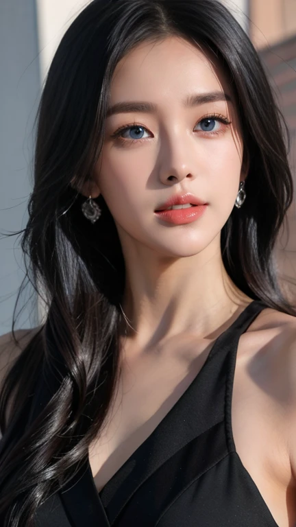 Close-up of a person with long hair and black clothes., Uchiha Mito, Uchiha Mito from anime naruto shippuden, as an anime characters, Perfect Anime Faces, she has black hair with bangs, female anime characters, anime characters, best anime girls, Hime cut hairstyle, black hair, black eyes, (red glossy lips:1.3), black eyes, smile, realistic, Special details, city background, (Beautiful face:1.3)
