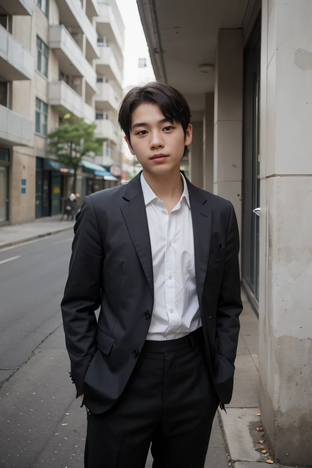 A natural realistic Korean boy age and wearing informal suit. Standing outside an apartment