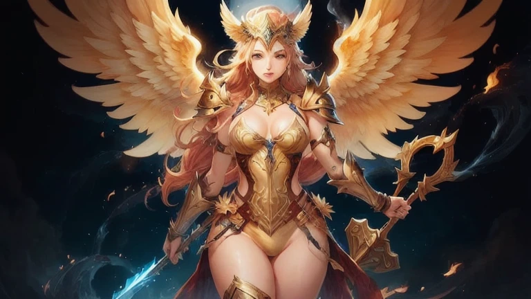 best quality)), ((masterpiece)), (detailed), Top quality、Top image quality、masterpiece,Perfect body, Exquisite and detailed facial features,,Full body shot,A woman in a golden costume with wings,Bikini, Angel Gold Armor, majestic angel, angel knight girl, Final Fantasy Tactics Characters, mystical atlantean valkyrie, as a Mysterious Valkyrie, Blazing Angel, Maple Leaf Story Character Art, With blazing golden wings, Golden Wings, April renderings, Mysterious Valkyrie, A woman in a golden costume with wings的特写, Best Bust、Optimal waist-hip ratio,Best Body Golden Ratio Concept Art Inspired by PwC, pixiv, Baroque, Angel Gold Armor, majestic angel, angel knight girl, Final Fantasy Tactics Characters, mystical atlantean valkyrie, as a Mysterious Valkyrie, Blazing Angel, Maple Leaf Story Character Art, With blazing golden wings, Golden Wings, Battle with orcs,Photographic lenses,Ultra wide-angle lens,First person,