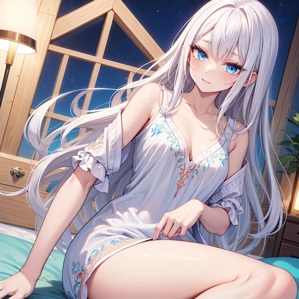 Gorgeous Long white hair blue eyes nightwear with freckles, wearing a colorful, vibrant, detailed embroidered dress, medium-full shot, at night
