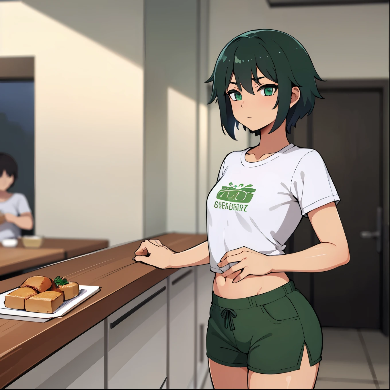 calidad superior, Obra maestra, Ultra high resolution, de un 1 chico femboy muy bajo con cabello verde y muy corto, green eyes and wears a short shirt and very tight shorts she is in a cafeteria she has big thighs and a very feminine body