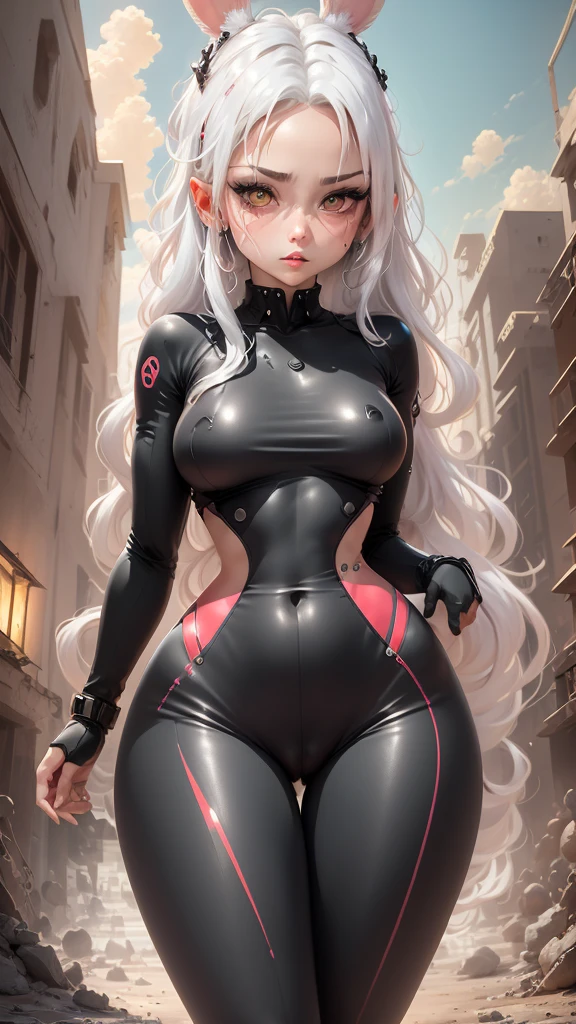 single,1woman\((chibi:1.8),cute,kawaii,,(white hair:1.7),(very long hair:1.7),bumps,(ear\(fluffy white Rabbit-ear\):1.3), (only 1 small rabbit tail on the hip:1.2),(red eye),big eye,beautiful bright eye,white skin color,big hair bow,(suit\(combat suit,(very tight :1.5 ),(show body line:1.2),weapons\)), BREAK ,Background\(rubble city,(close woman), BREAK ,quality\(8K,extremely detailed CG unit wallpaper, artwork master,high resolution,top-quality,top-quality real skin texture,hyperrealistic,increase resolution,RAW photos,best quality,highly detailed,wallpaper,golden ratio\)