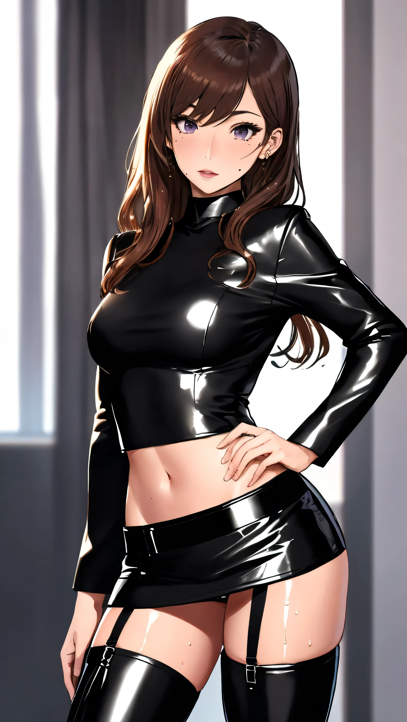 High resolution, woman , good lighting, despicable, , (No nudity), (((Leather tight mini skirt))), ((tight leather top)), (((leather thigh high boots))), (garter belt), abdomen only, (wet shorts), , cute face, I'm embarrassed and blush, humiliating, ((spread your legini skirt))
