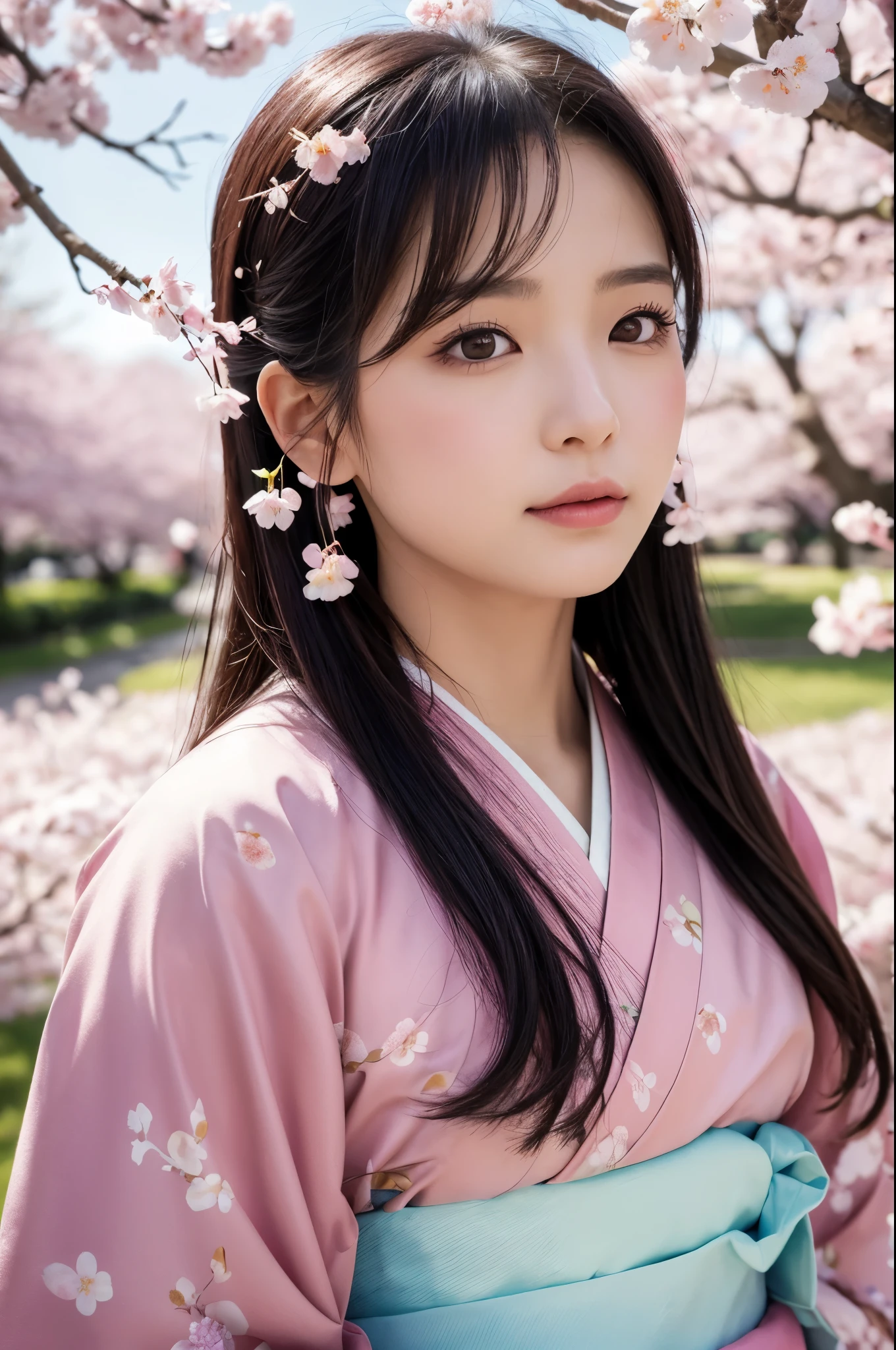8K.A black-haired woman quietly looking up at the cherry blossom tree,Super Beauty(Like the real thing),A woman wearing a kimono with a cherry blossom design,Her hair is tied up and she is wearing a cherry blossom hairpin.,Beautiful expression,Messy, I am proud, Absurd, celebration, Cowboy Shot, Portraiture, (highest quality), (Tabletop), (Very detailed), masterpiece,highest qualityのフォトリアリスティックなRAW写真。Backlight, Cinema Lighting, Film Grain, to be born, 50mm lens, Nikon D850,Ultra-Realistic Skin,Fantasy art,Character Art,Ultra-high resolution,Muscular and slender body type,Perfect hands,compensate,Bust shot close-up,Pink Rouge,Cherry blossom petals fluttering down in the wind,Fantastic scenery,My eyes are on the cherry blossoms above,