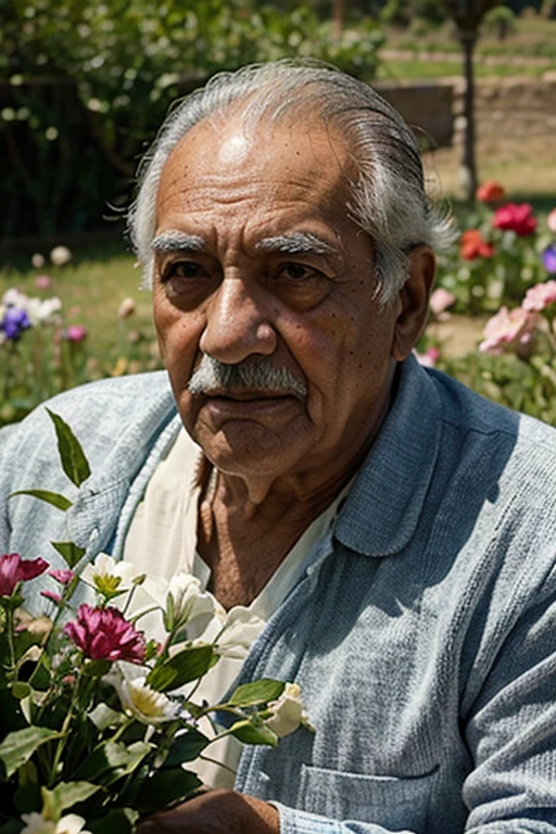 Abuelo mayor con alzahimer perdido en campo de flores lejano