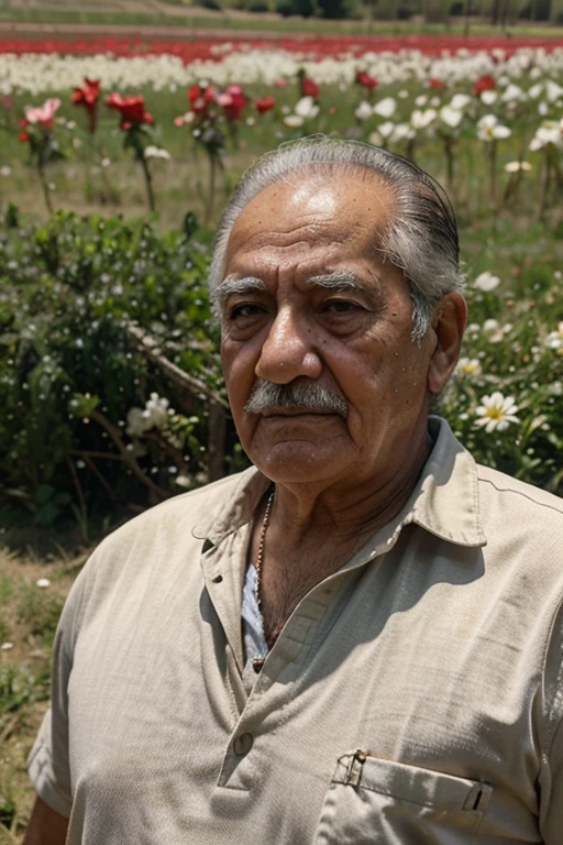 Abuelo mayor con alzahimer perdido en campo de flores lejano