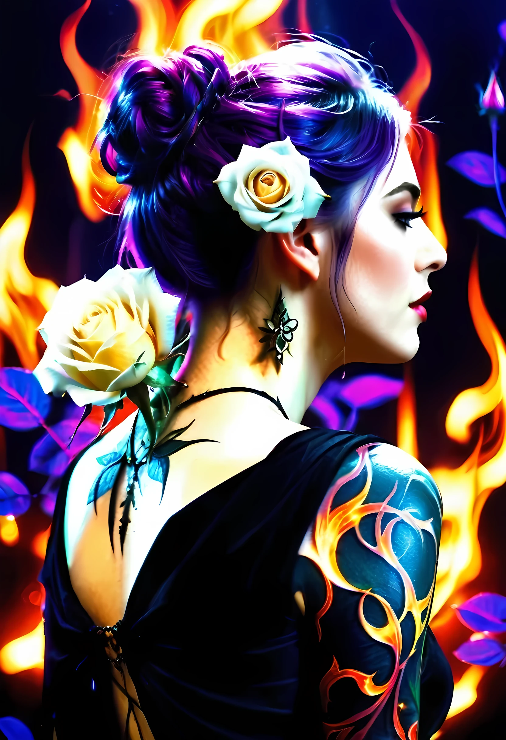 Arafed, Dark fantasy art, fantasy art, goth art, a picture of a tattoo on the back of a female elf, a glowing tattoo of a ((white rose: 1.3)) on the elf's back, the ((rose tattoo)) is vivid, intricate detailed coming to life from the ink to real life, GlowingRunesAI_purple, ((fire surrounds the rose petals: 1.5)), shot taken from the back, ((the back is visible: 1.3), she wears a transparent black dress, bare back, the dress is elegant, flowing, elven style, that the (tattoos glow: 1.1), dynamic hair color, dynamic hair style, faize,roses, betmd