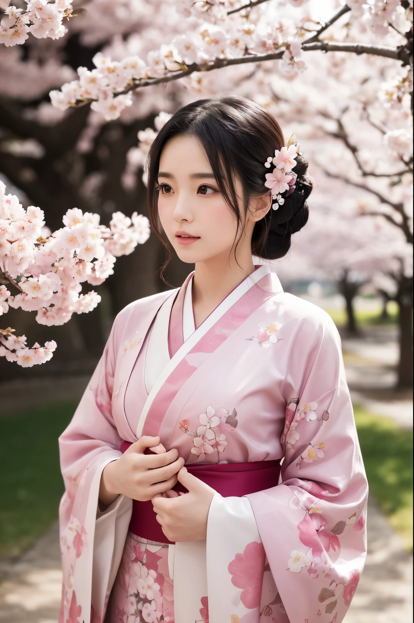 8K.A black-haired woman quietly looking up at the cherry blossom tree,Super Beauty(Like the real thing),A woman wearing a kimono with a cherry blossom design,Her hair is tied up and she is wearing a cherry blossom hairpin.,Beautiful expression,Messy, I am proud, Absurd, celebration, Cowboy Shot, Portraiture, (highest quality), (Tabletop), (Very detailed), masterpiece,highest qualityのフォトリアリスティックなRAW写真。Backlight, Cinema Lighting, Film Grain, to be born, 50mm lens, Nikon D850,Ultra-Realistic Skin,Fantasy art,Character Art,Ultra-high resolution,Muscular and slender body type,Perfect hands,compensate,Bust shot close-up,Pink Rouge,Cherry blossom petals fluttering down in the wind,Fantastic scenery,My eyes are on the cherry blossoms above,