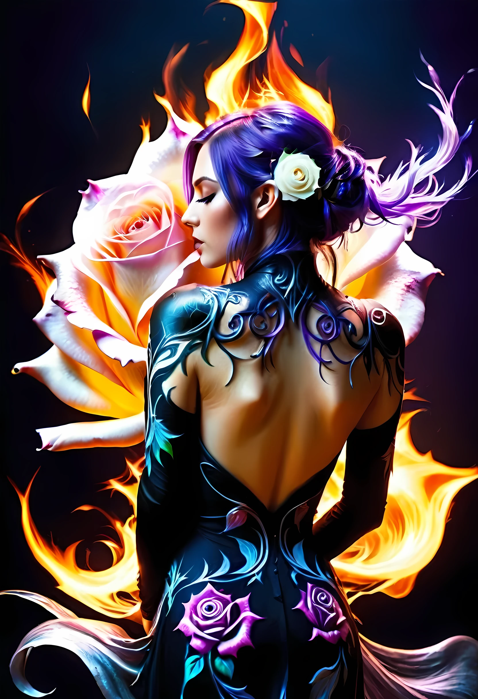 Arafed, Dark fantasy art, fantasy art, goth art, a picture of a tattoo on the back of a female elf, a glowing tattoo of a ((white rose: 1.3)) on the elf's back, the ((rose tattoo)) is vivid, intricate detailed coming to life from the ink to real life, GlowingRunesAI_purple, ((fire surrounds the rose petals: 1.5)), shot taken from the back, ((the back is visible: 1.3), she wears a transparent black dress, bare back, the dress is elegant, flowing, elven style, that the (tattoos glow: 1.1), dynamic hair color, dynamic hair style, faize,roses, betmd