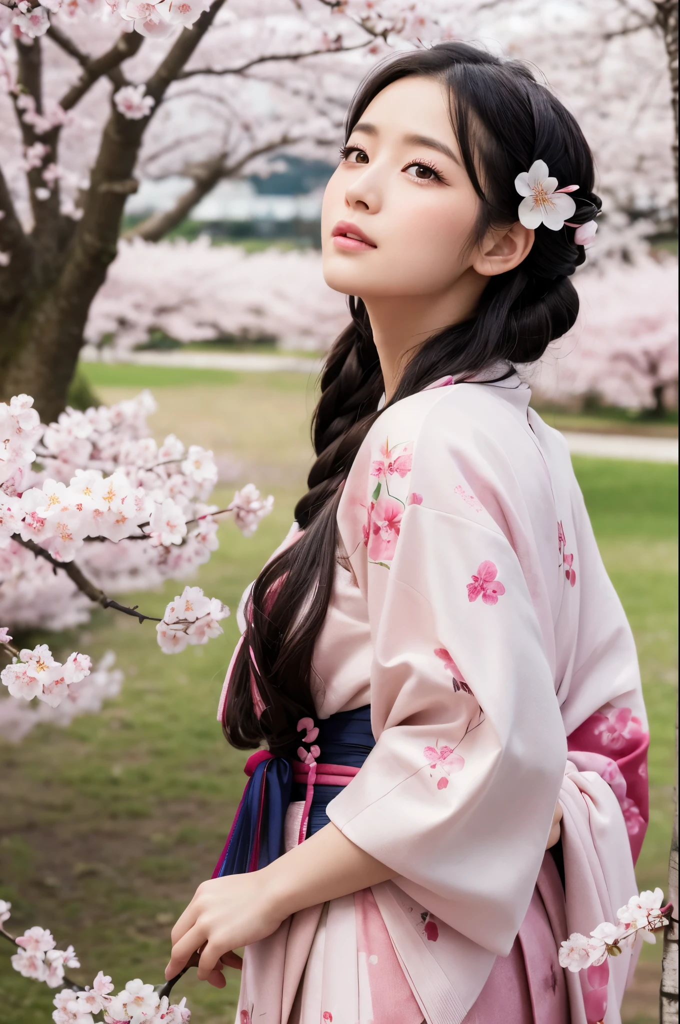 8K.A black-haired woman quietly looking up at the cherry blossom tree,Super Beauty(Like the real thing),A woman wearing a kimono with a cherry blossom design,Her hair is tied up and she is wearing a cherry blossom hairpin.,Beautiful expression,Messy, I am proud, Absurd, celebration, Cowboy Shot, Portraiture, (highest quality), (Tabletop), (Very detailed), masterpiece,highest qualityのフォトリアリスティックなRAW写真。Backlight, Cinema Lighting, Film Grain, to be born, 50mm lens, Nikon D850,Ultra-Realistic Skin,Fantasy art,Character Art,Ultra-high resolution,Muscular and slender body type,Perfect hands,compensate,Bust shot close-up,Pink Rouge,Cherry blossom petals fluttering down in the wind,Fantastic scenery,My eyes are on the cherry blossoms above,