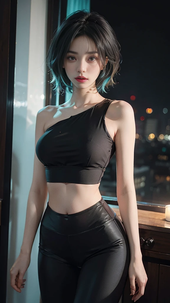 23 year old girl, beautiful, short shoulder length hair, black and cyan hair color, almond eyes, no makeup, cyan crop top, thin leggings, in front of the window, night city, quiet atmosphere, close-up, midnight, (photo: 1.2 ), (super realistic: 1.3), (highly detailed: 1.1), ((masterpiece)), quiet, sad, don't cry